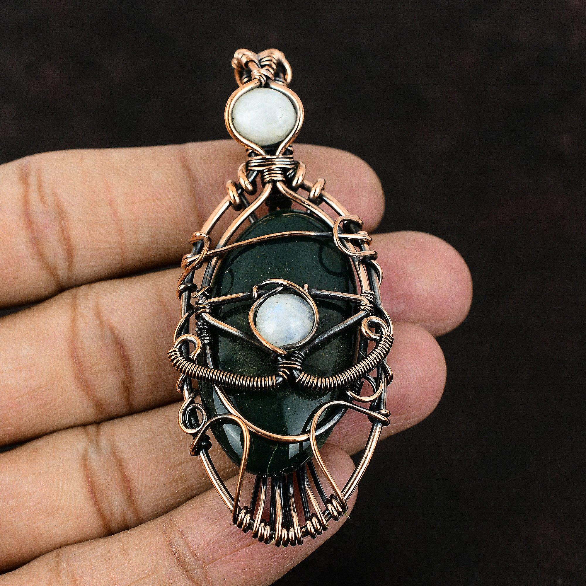 Evil Eye Bloodstone Copper Pendant Gemstone Copper Wrapped Jewelry Handmade Pendant Rainbow Moonstone Pendant Evil Eye Jewelry Gift For Her