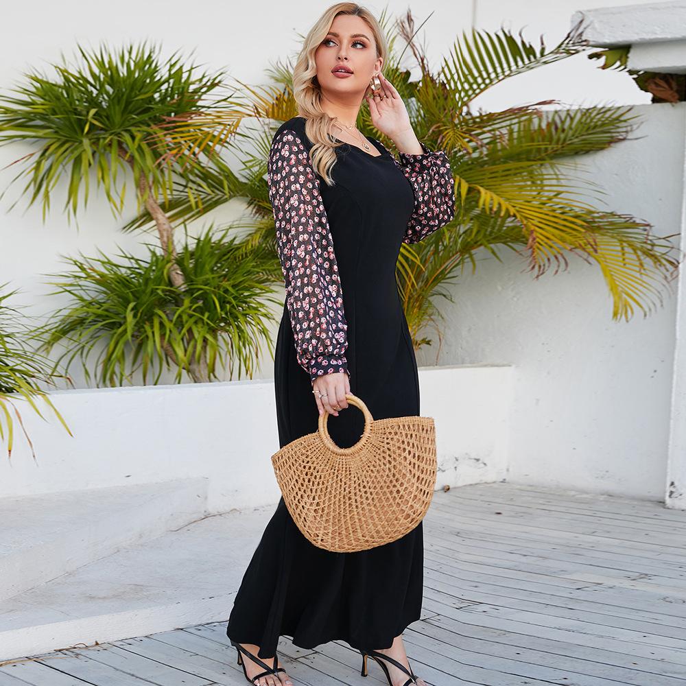 Женское платье большого размера, весенние и осенние длинные элегантные платья с квадратным вырезом и длинными рукавами с принтом