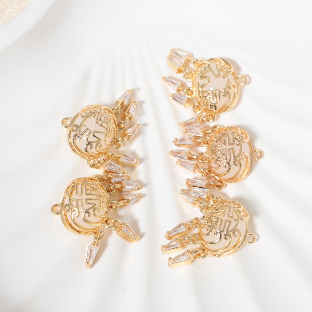 Vintage Chinese Fu Lock Zirconia Tassel Copper Charms, Golden Plated DIY Pendants for Earring Necklace Craft