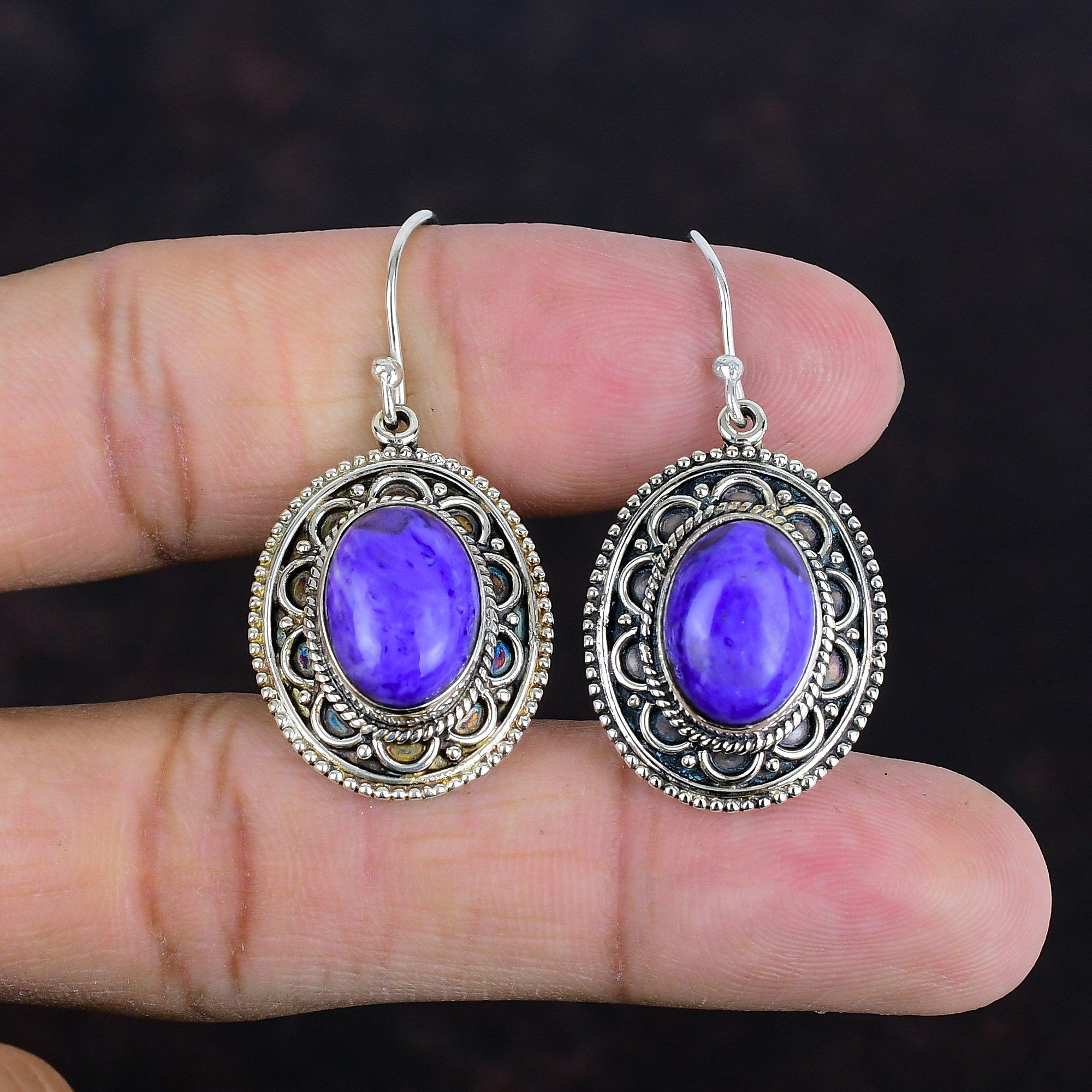 Серьги из чароита, натуральные драгоценные камни, винтажные серьги, новейшие дизайнерские украшения, серьги из стерлингового серебра 925 пробы, серьги ручной работы, подарки для жены