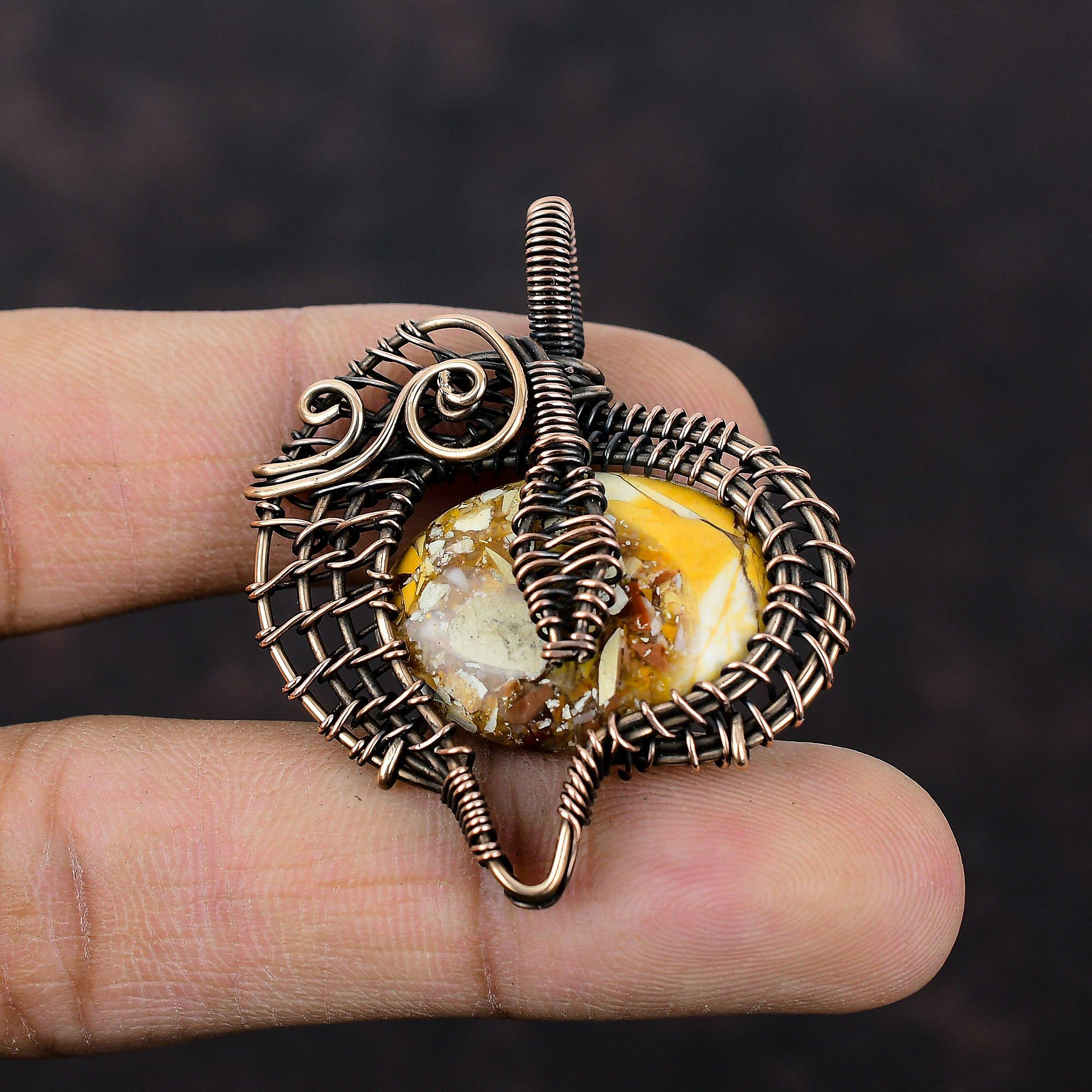 Подвеска из брекчиированного мукаита, обернутая медной проволокой, оригинальный драгоценный камень, ювелирное изделие последнего дизайна, кулон ручной работы из меди, подарок для мамы