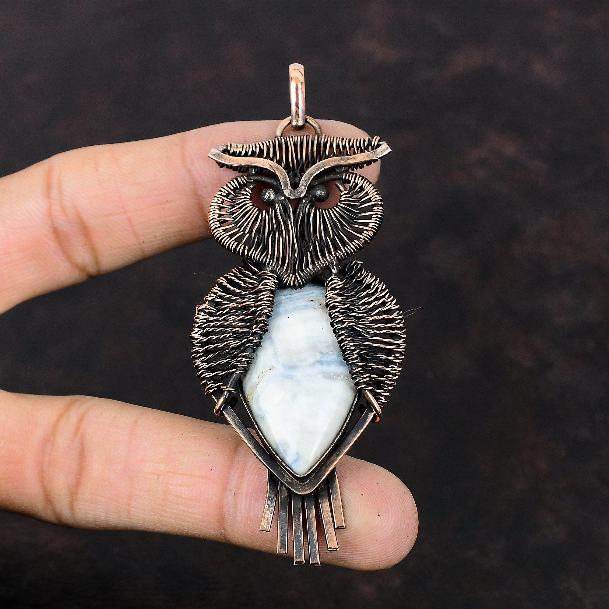 Подвеска из голубого шеелита, обернутая медной проволокой, Подвеска с драгоценным камнем, Медные украшения, Ручная работа, Подвеска-сова, Подарок на помолвку, Украшения, обернутые проволокой