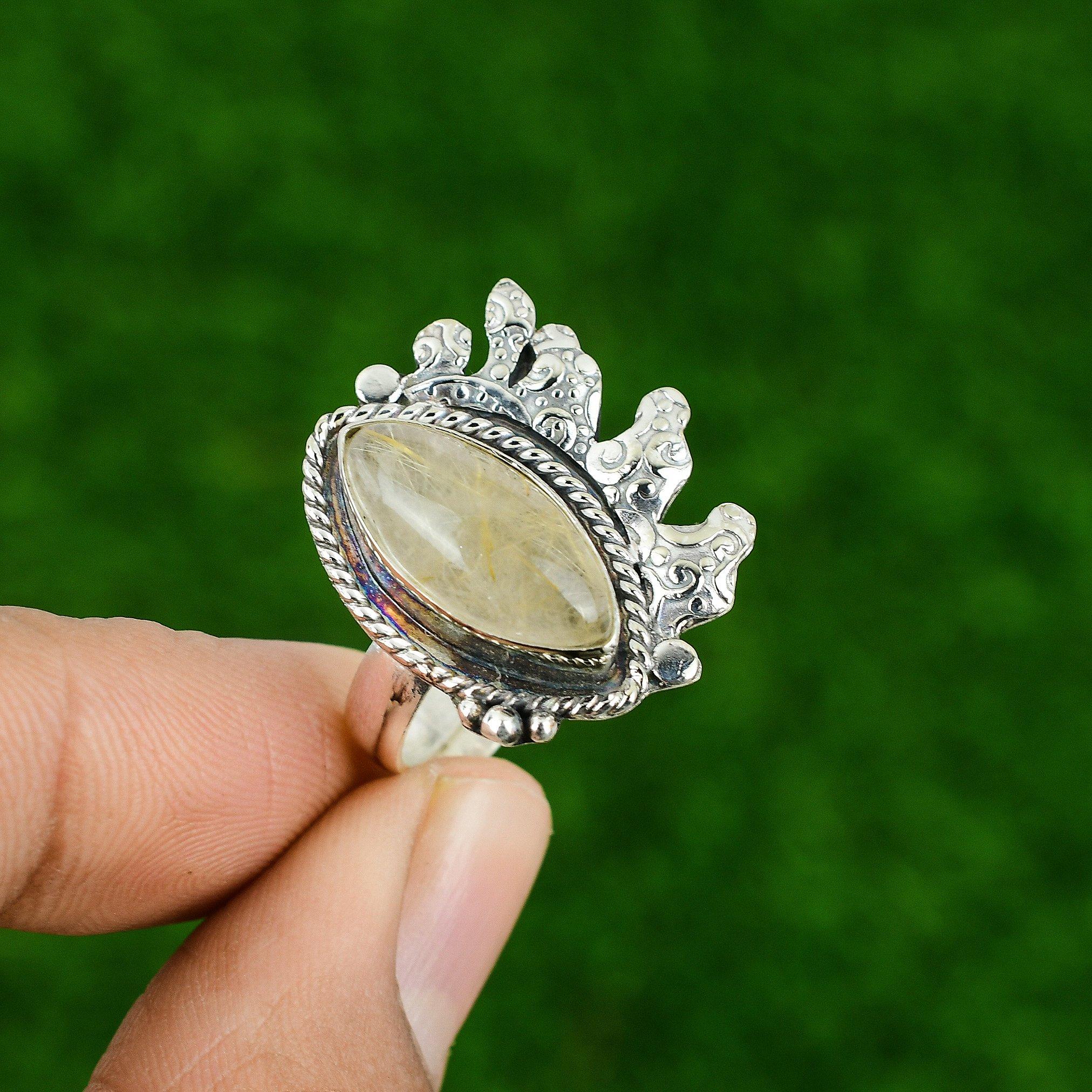 Gift For Her Natural Golden Rutile Multi Stone Adjustable Ring 925 Silver