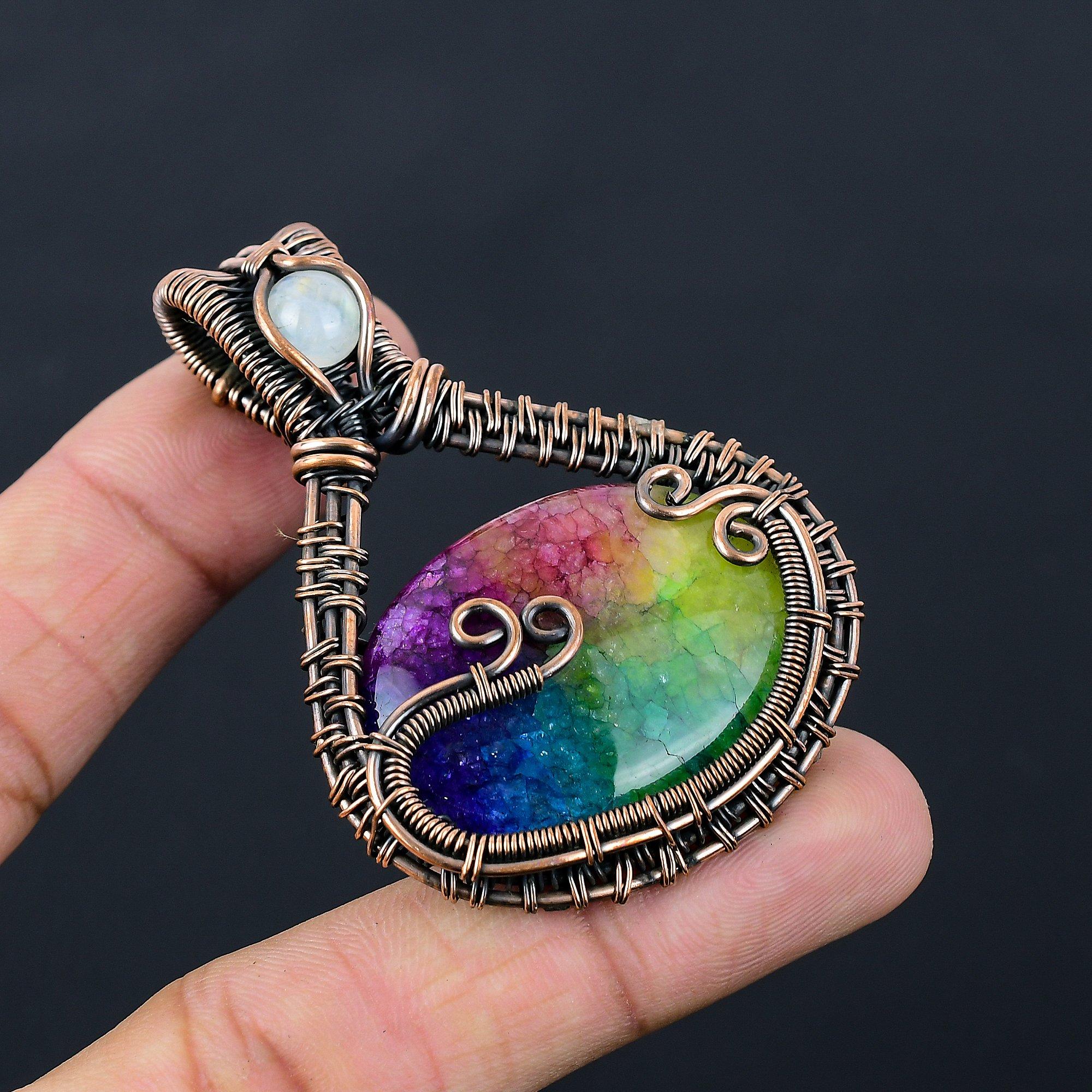 Rainbow Solar Quartz Gemstone Pure Copper Wire Wrapped Handmade Pendant Jewelry For Her