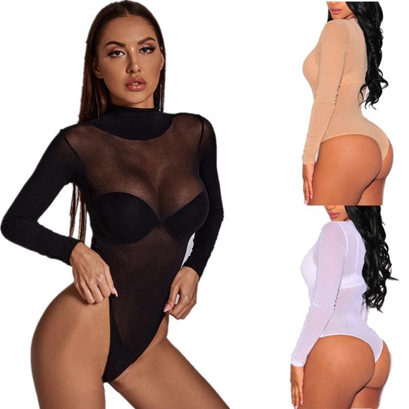 Plus Size See Through Long Sleeve Black Bodysuits TOPS for Women Sheer Lingerie Sexy Nightclub Party Summer Clothing