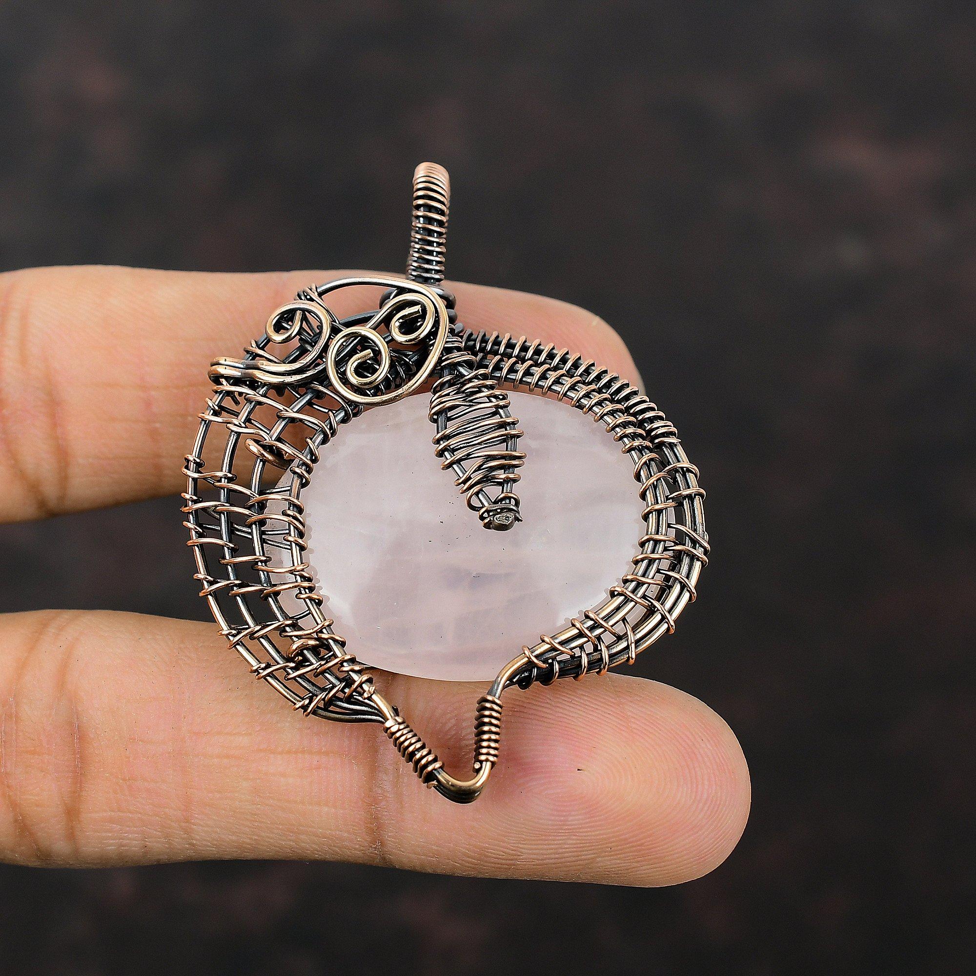 Кулон из розового кварца, обернутый медной проволокой, ручной работы, дизайнерский кулон, уникальное украшение из розового кварца, подарок для мамы