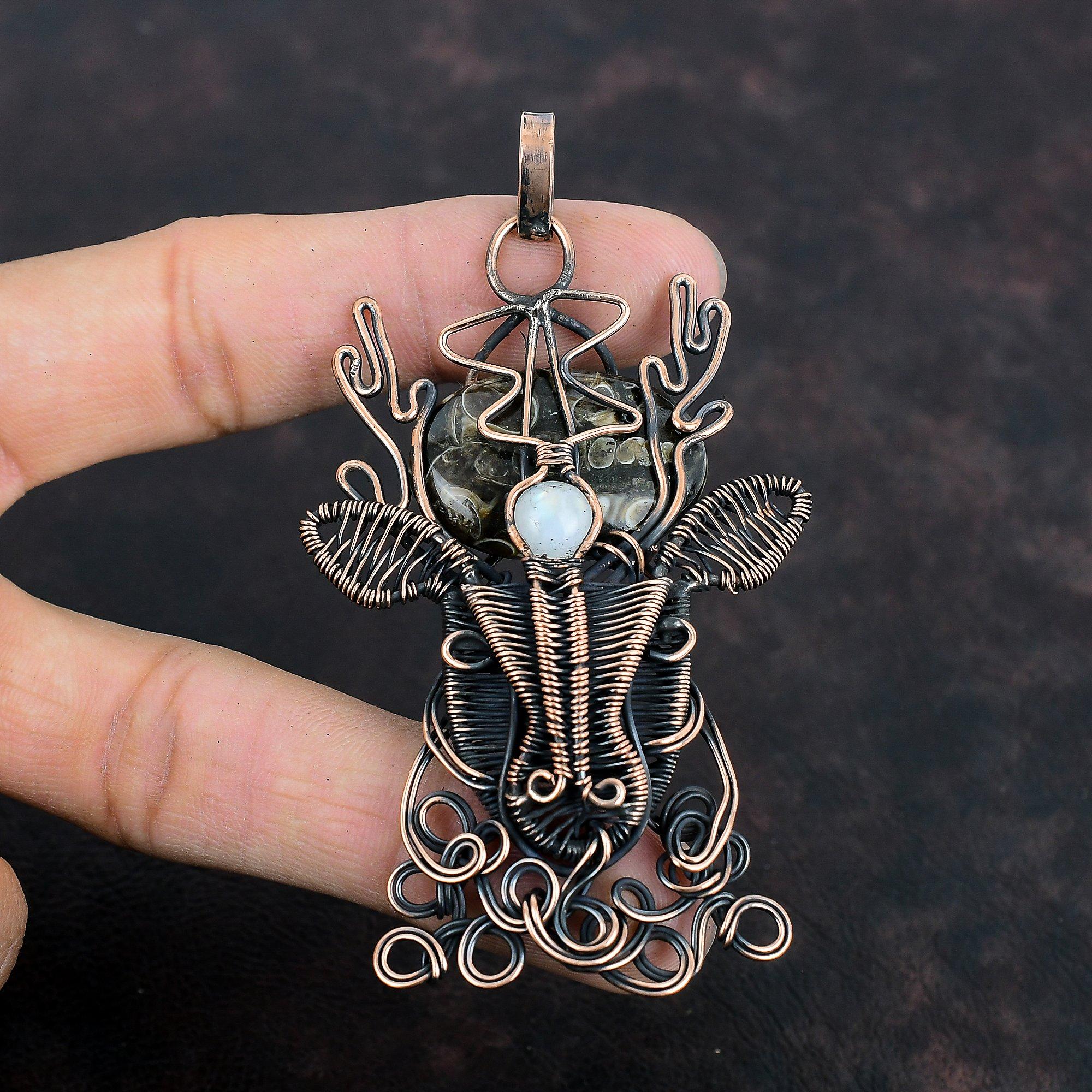 Подвеска из агата Turritella, обернутая медной проволокой, подвеска в виде головы оленя из драгоценных камней, ювелирные изделия ручной работы, подвеска из медного лунного камня, подарки на годовщину