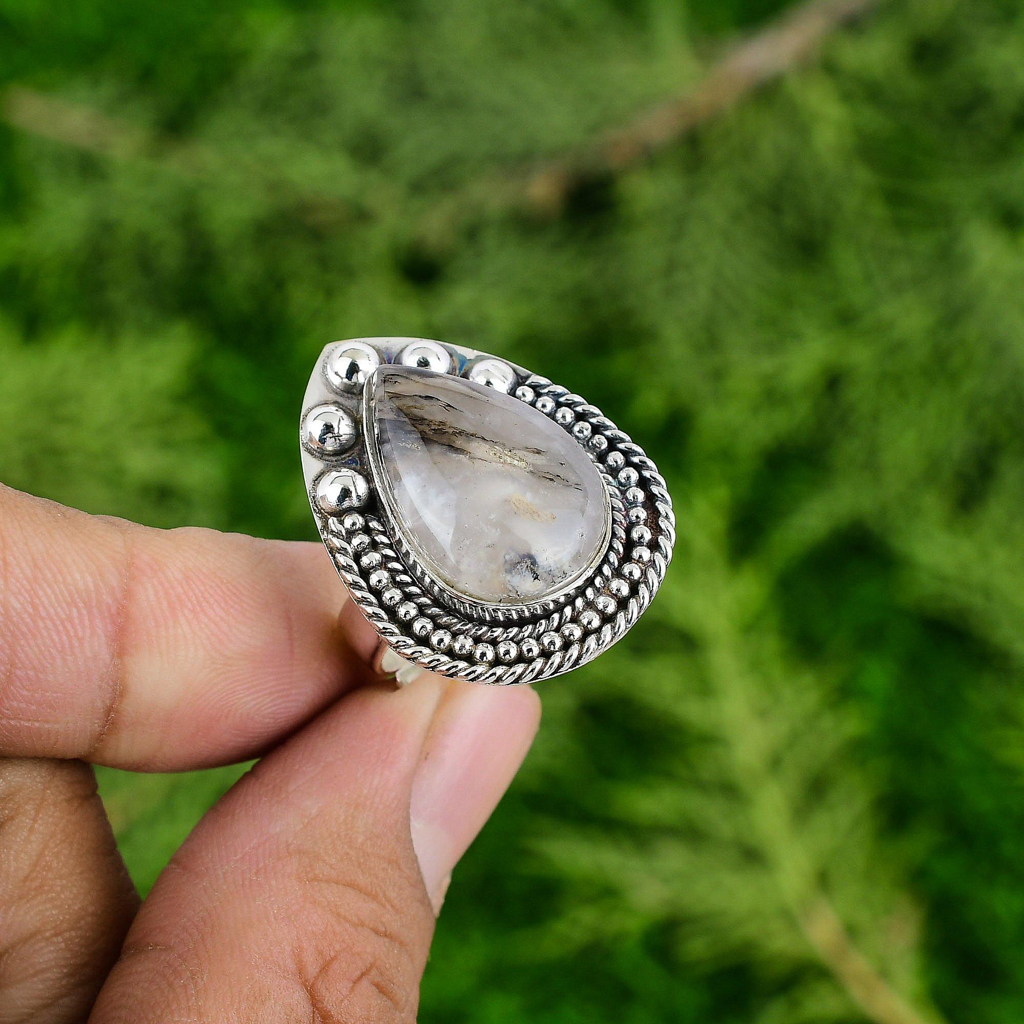 Sterling Silver Plume Agate Gemstone Statement Birthday Stackable Ring Jewelry