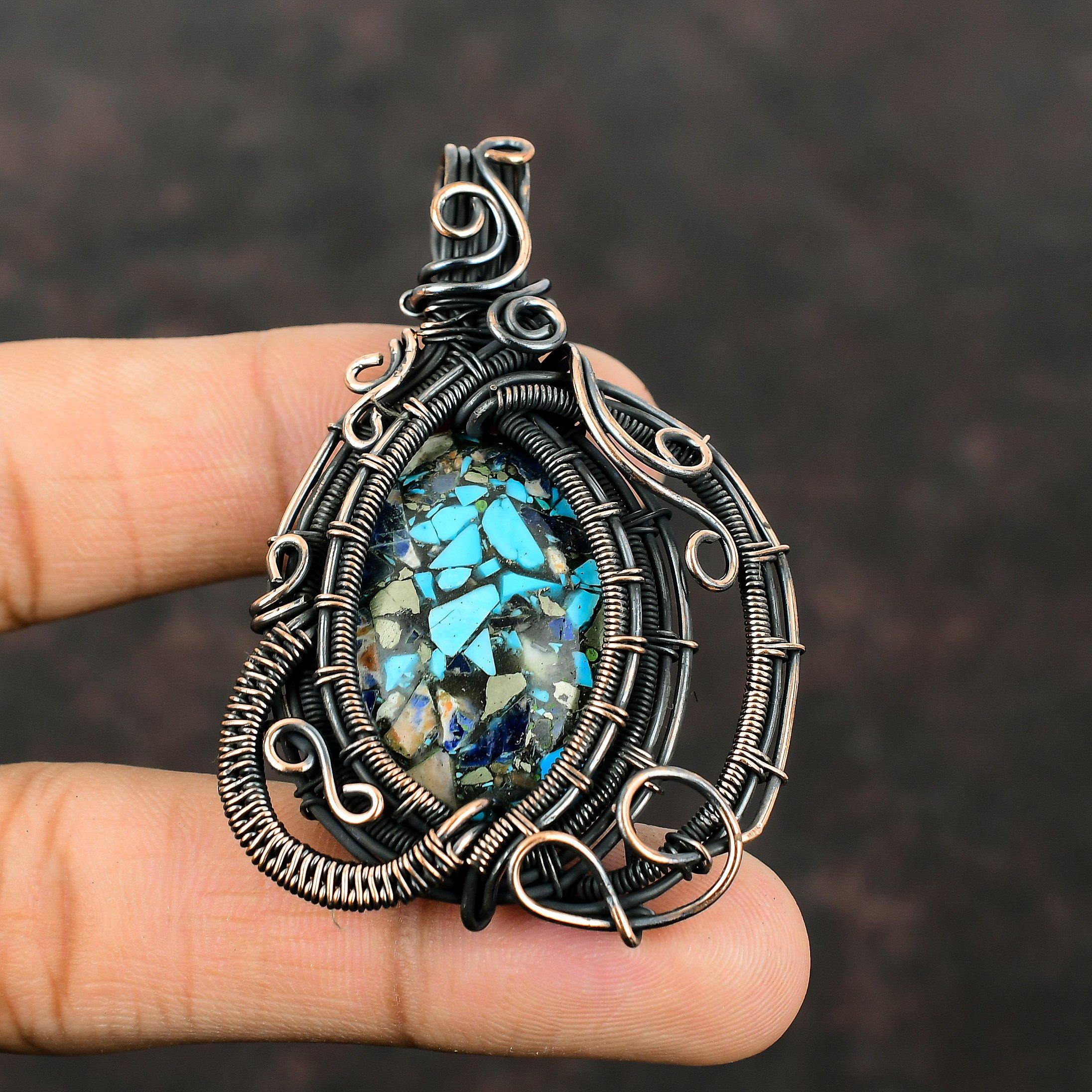 Медный кулон с мульти-бирюзой, кулон, обмотанный медной проволокой, кулон с драгоценным камнем, кулон в этническом стиле, подарок для него, украшения из медной проволоки ручной работы