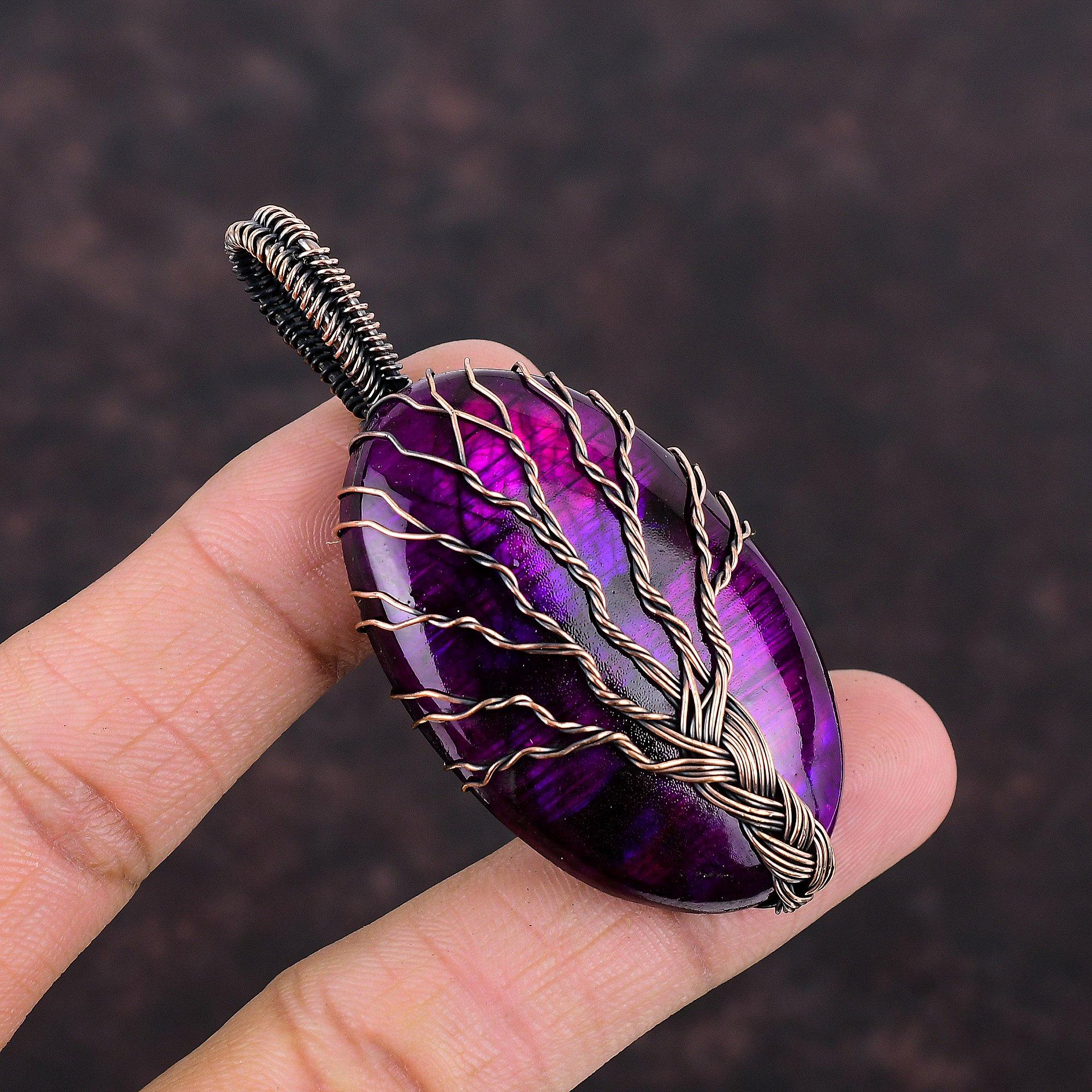 Кулон из фиолетового огненного лабрадорита «Дерево жизни», подвеска из медной проволоки, подвеска ручной работы, подвеска из медной проволоки, ювелирное изделие с драгоценным камнем для подарка