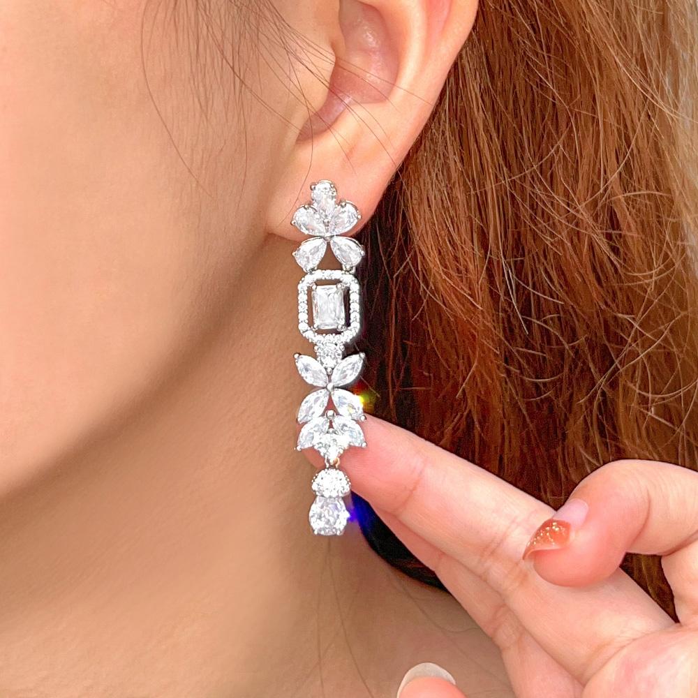 CMM Shiny Silver Color Wedding Jewellery Long Flower Cubic Zirconia Pendant Earrings for Women