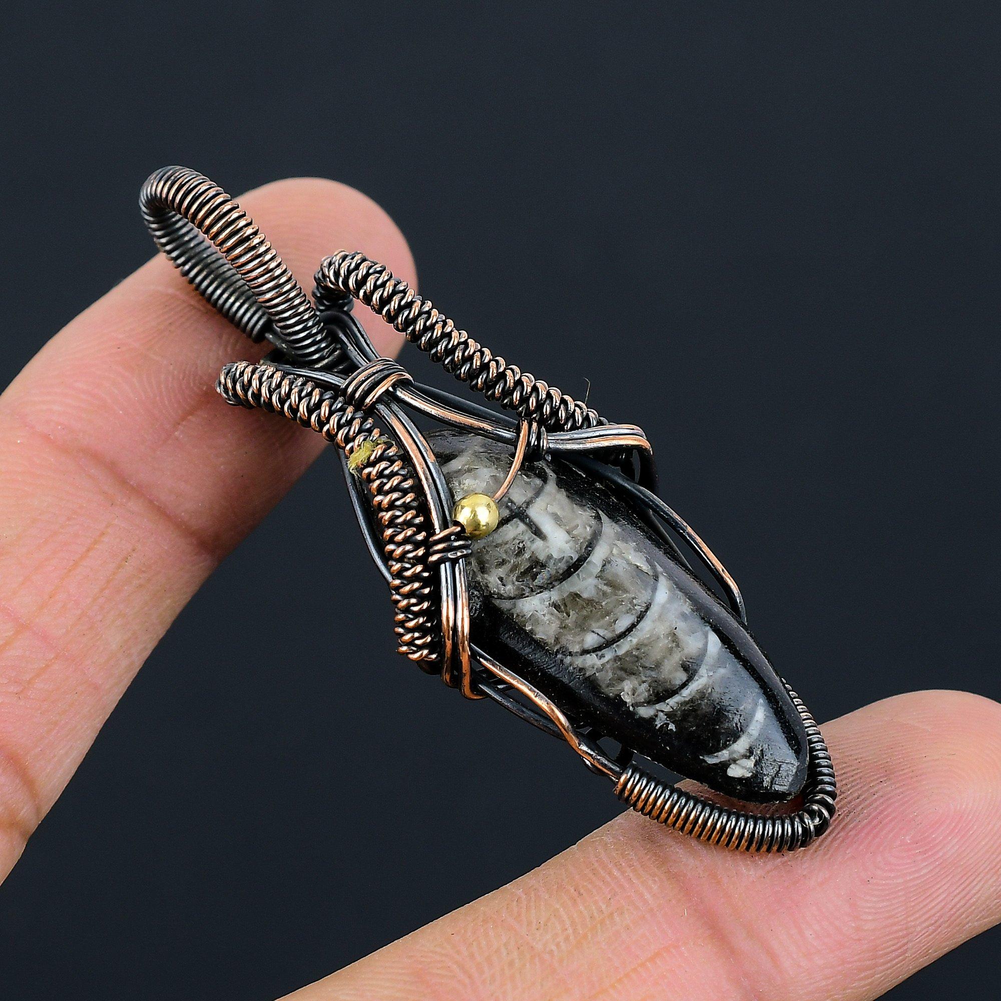 Orthoceras Fossil Gemstone Чистая медная проволока Обернутая ювелирная подвеска ручной работы