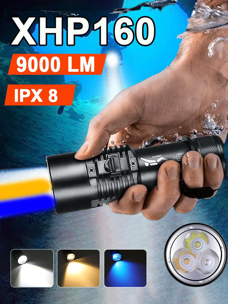 9000LM XHP160 Professional Powerful LED Diving Flashlight Torch IPX8 Waterproof Underwater Lantern with Warm Blue White Light