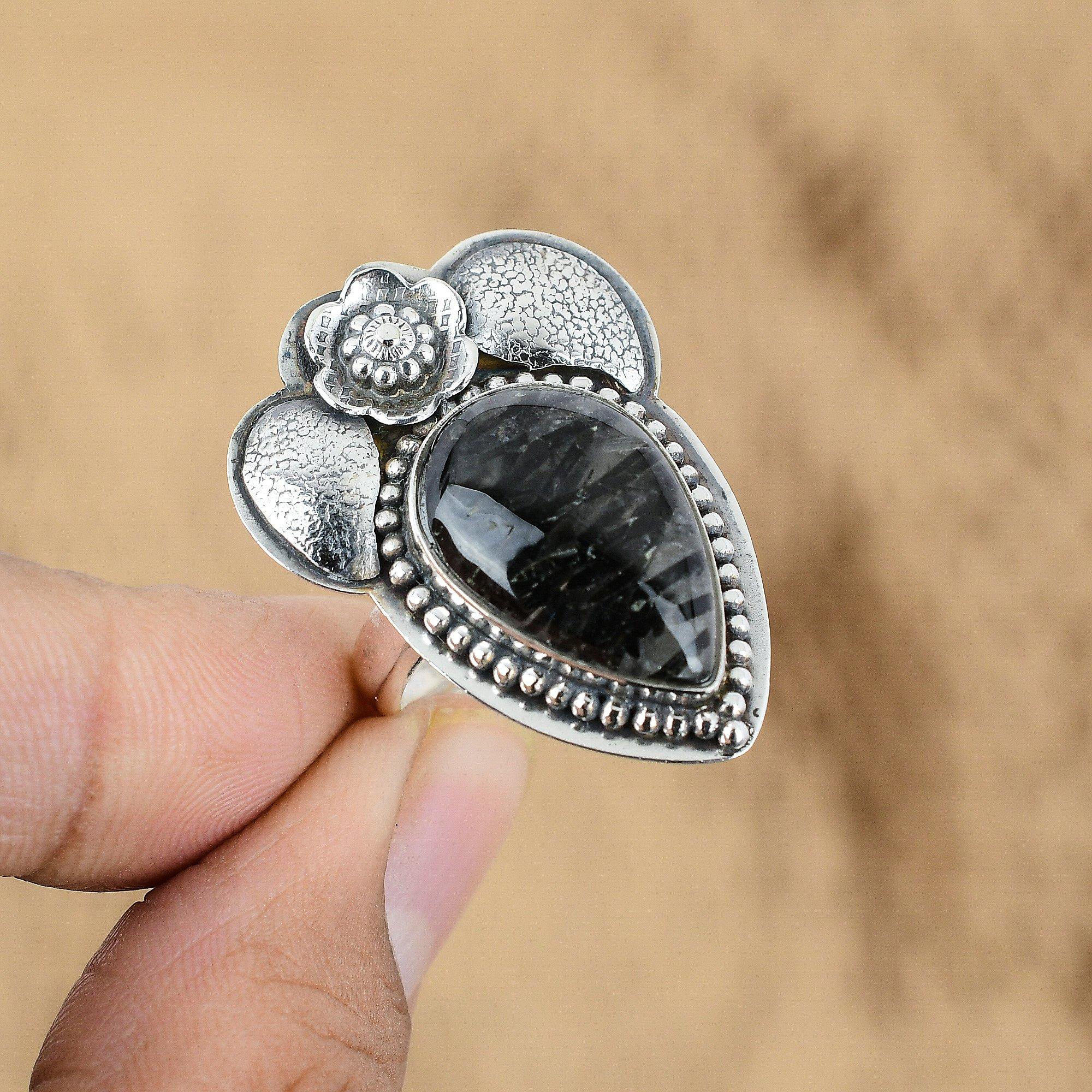Gift For Her 925 Silver Natural Black Rutile Multi Stone Flower Adjustable Ring