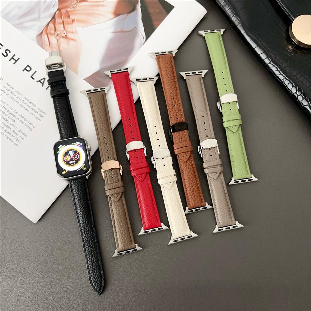 Кожаный ремешок с узором личи для Apple Watch Series Ultra 49 мм, часы с складной застежкой для iWatch 9, 8, 7, 6, 5, 4, 3, 2 se, 41 мм, 45 мм, 40 мм, 44 мм, 38, 42 мм, аксессуары