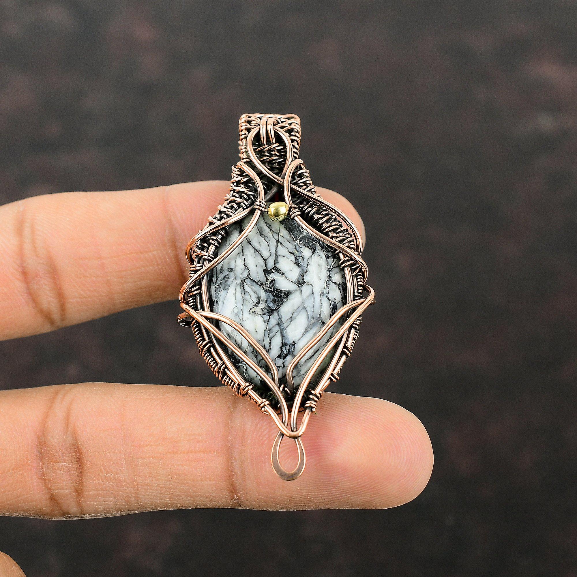 Подвеска из яшмы Pinolith, медная проволока, обернутая драгоценным камнем, кулон ручной работы из меди, совершенно новый кулон в подарок для нее, проволочная обертка, драгоценный камень