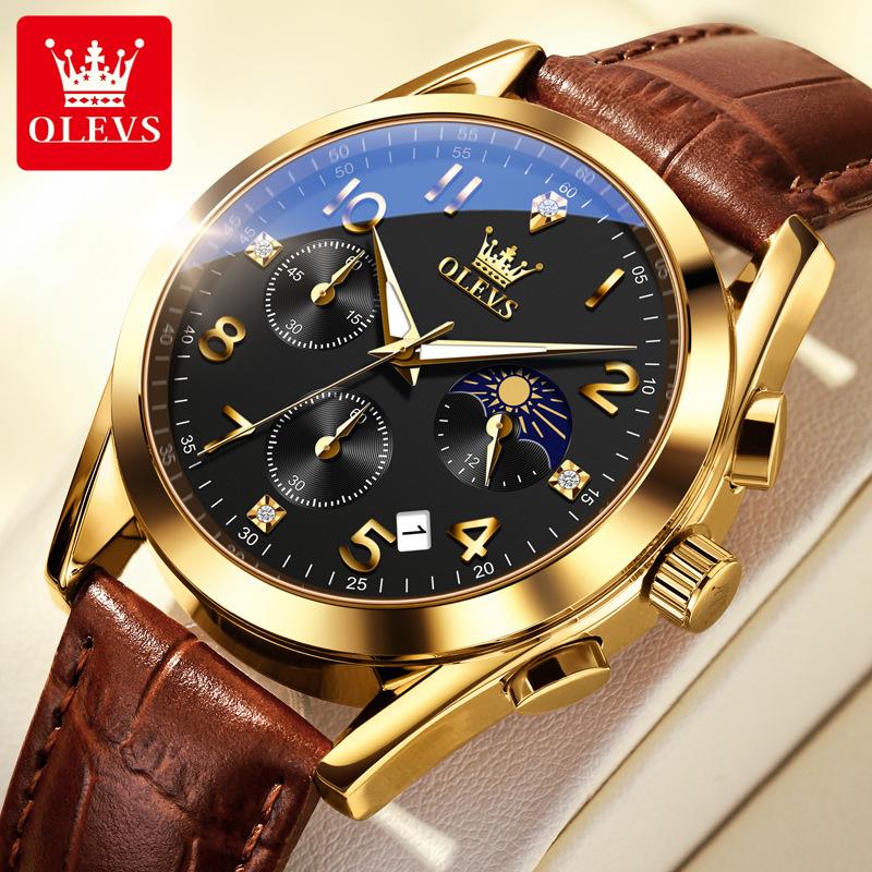 Men's Trendy and Fashionable Three Eye Six Needle 24-hour Moon Phase Dial Light Luxury Wristwatch Waterproof Luminous Quartz Watch