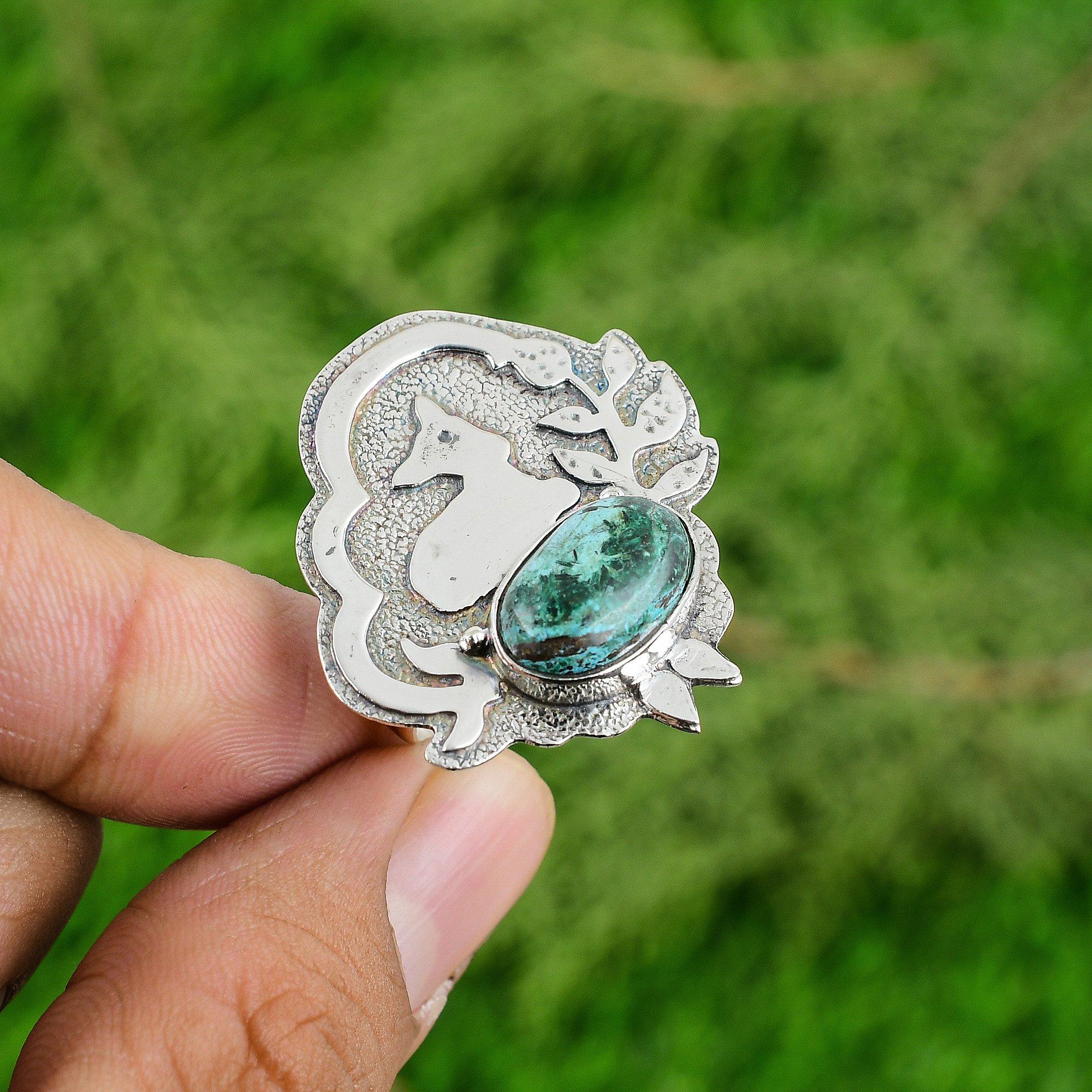 Овальное Хризоколла Драгоценный камень Штабелируемое Заявление Кольцо Ювелирное изделие 925 Стерлинговое серебро