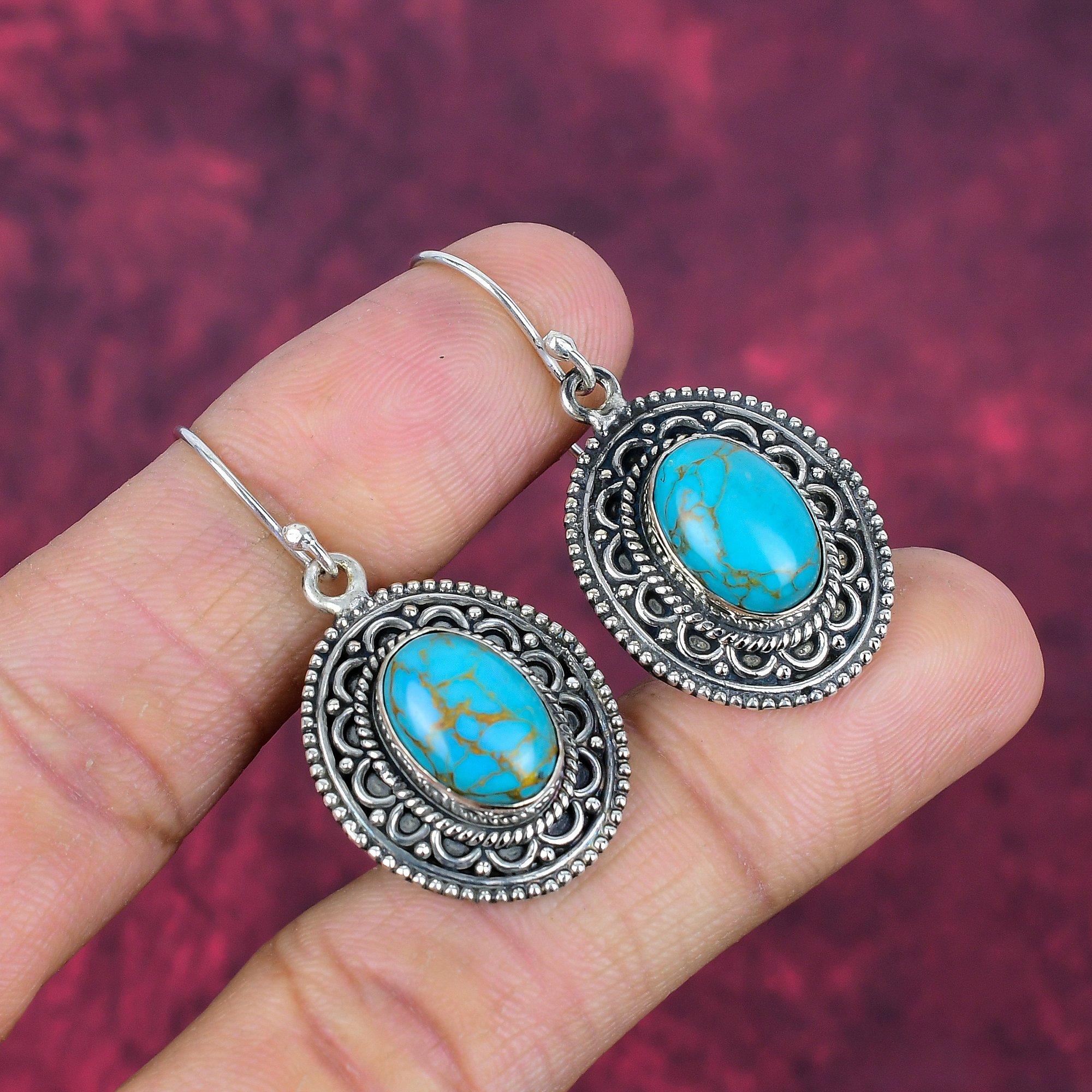 Blue Copper Turquoise Handmade Gemstone Earrings, 925 Solid Sterling Silver Earrings Antique Jewelry, For Engagement Gift