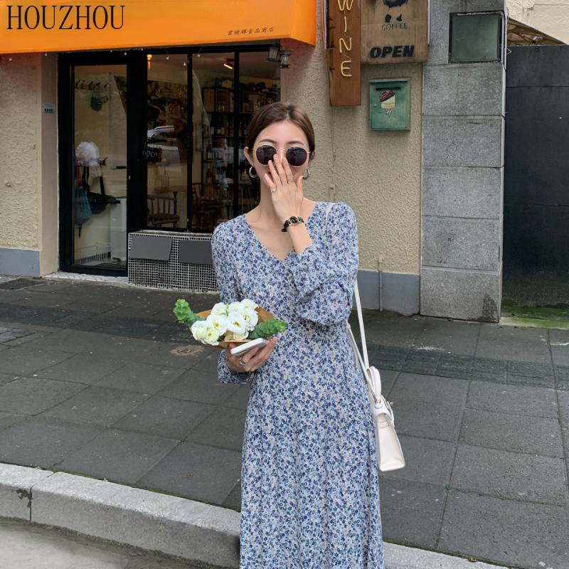 HOUZHOU Цветочное платье женское французское с v-образным вырезом с длинным рукавом корейское элегантное шикарное шифоновое платье с рыбьим хвостом