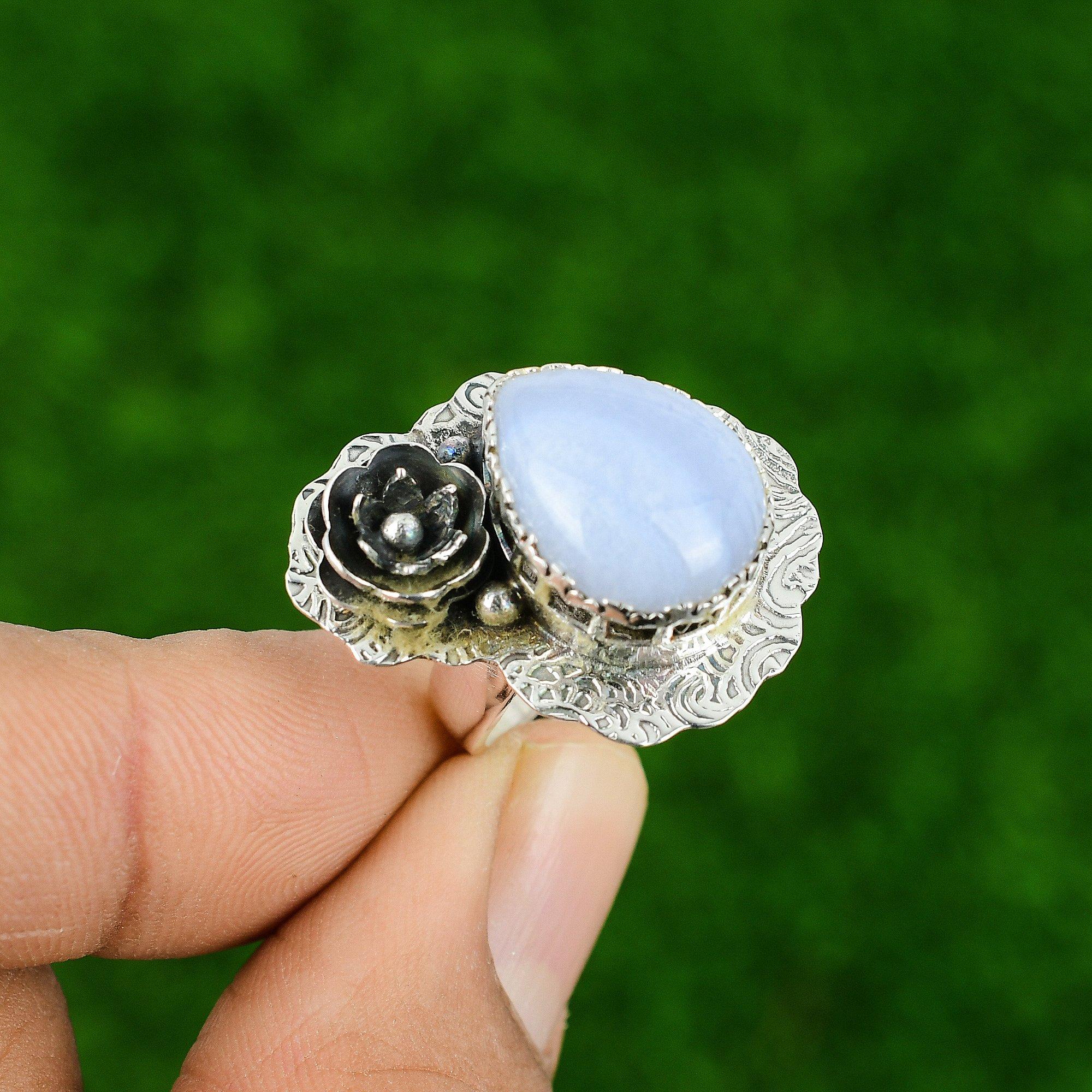 Pear Blue Lace Agate Stone Birthday Flower New Ring Jewelry 925 Sterling Silver
