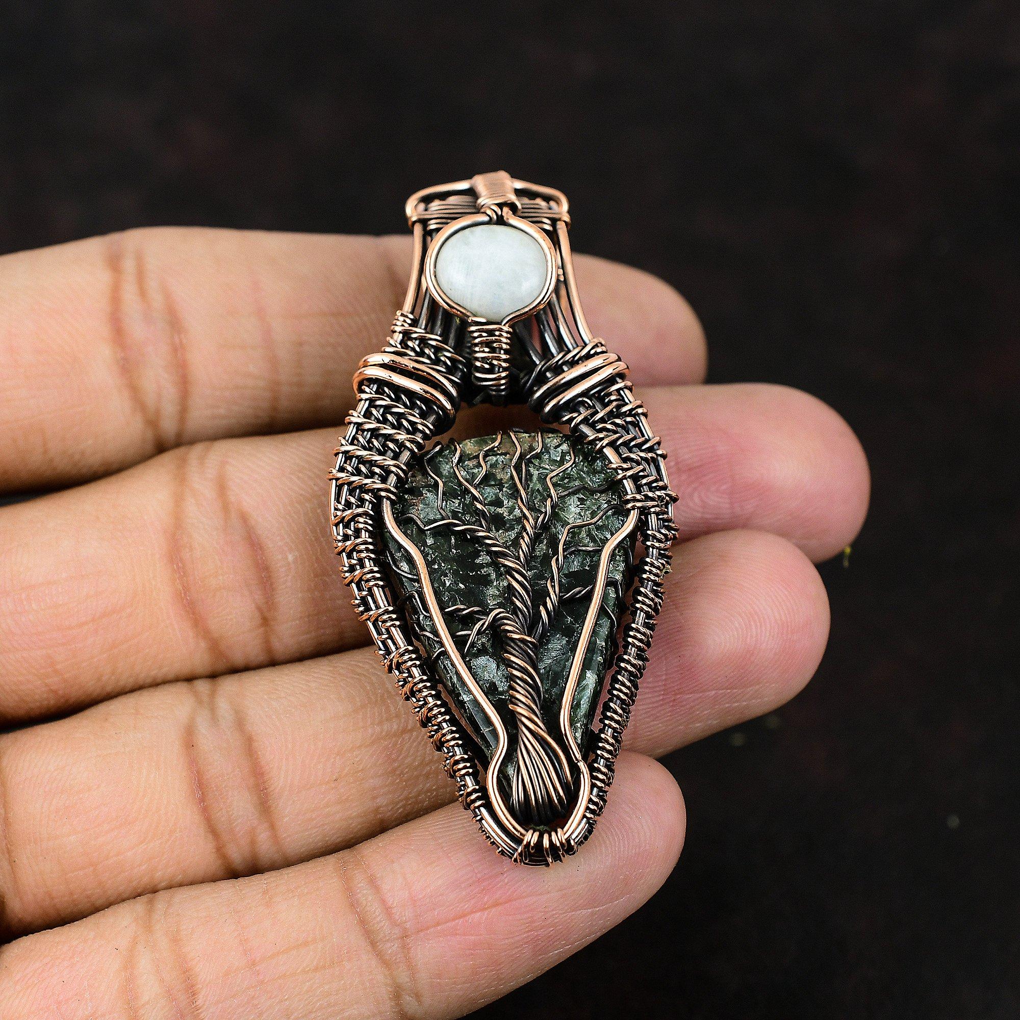 Подвеска Древо Жизни Серафинит Подвеска, обернутая медной проволокой Ювелирные изделия из драгоценных камней ручной работы Подвеска Лунный камень-радуга Серафинит Подарок для мамы