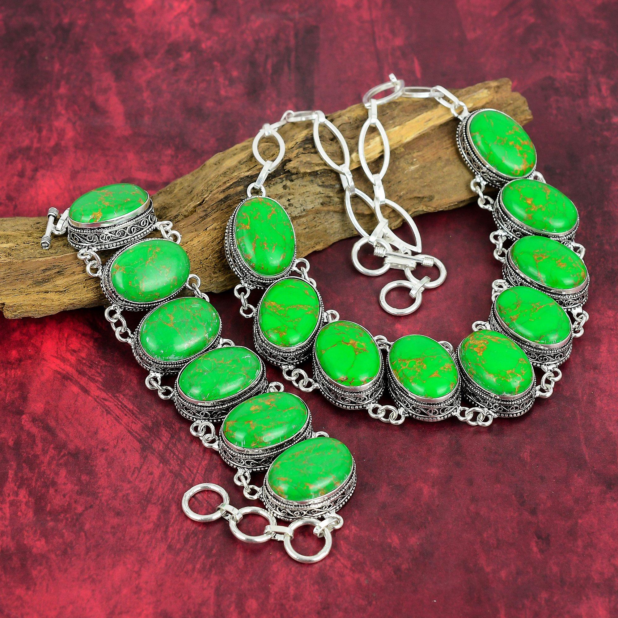 Ювелирные изделия ручной работы из зеленого медно-бирюзового драгоценного камня, комплект ювелирных изделий из стерлингового серебра 925 пробы, великолепный комплект ювелирных изделий из браслета и ожерелья для нее