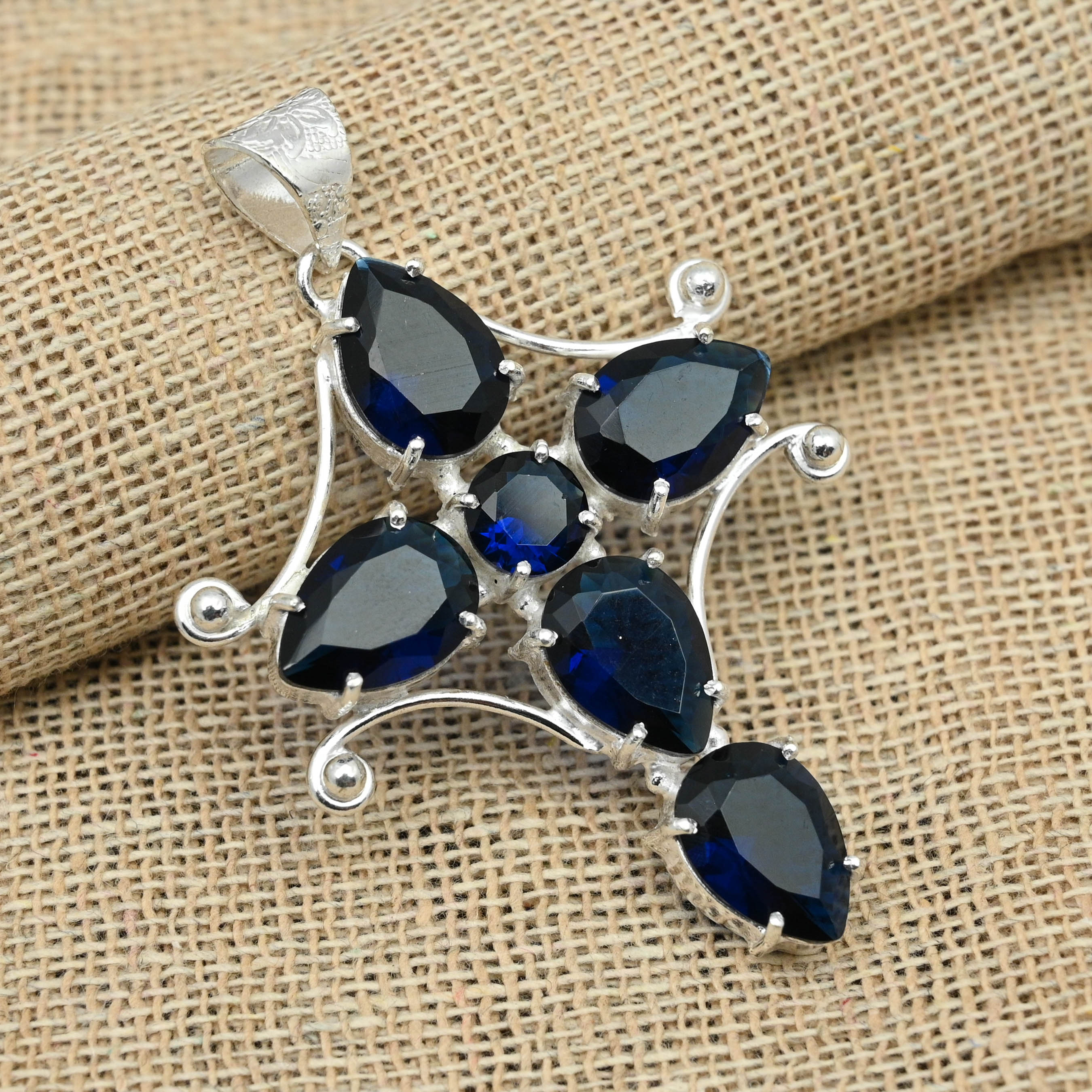 925 Sterling Silver Blue Sapphire Lab-Created Jewelry Handmade Gemstone Fancy Pendant