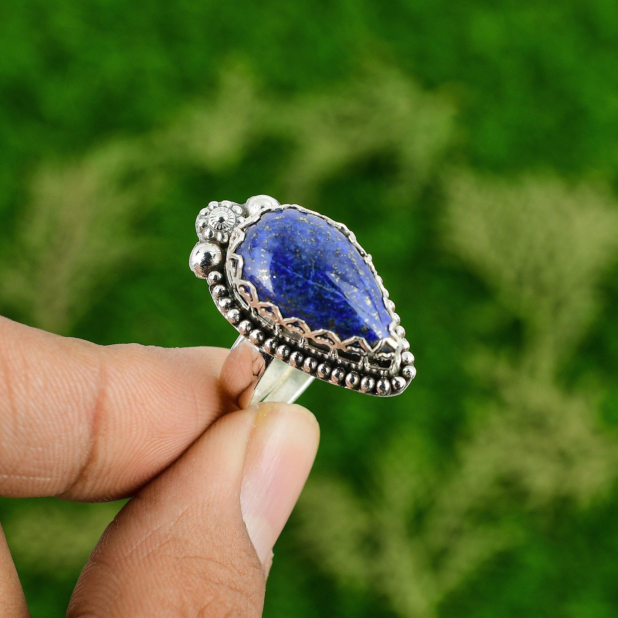 Wedding Gift For Her 925 Silver Natural Lapis Lazuli Statement Adjustable Ring