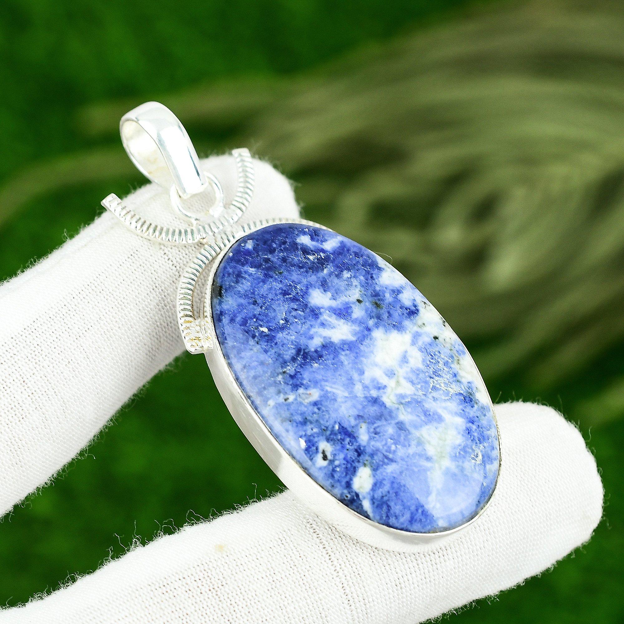 925 Sterling Silver Oval Sodalite Gemstone Bezel Handcrafted New Pendant Jewelry