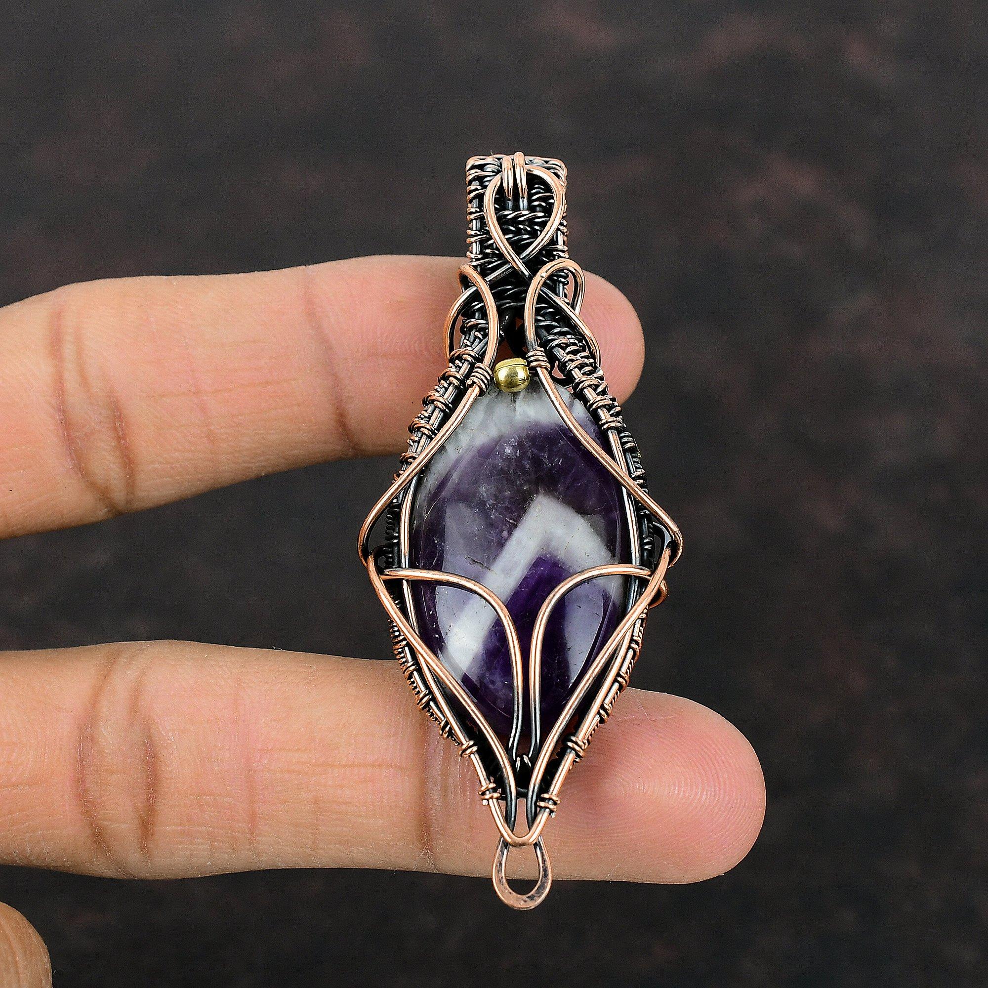 Подвеска Chevron Amethyst, подвеска из медной проволоки, подвеска с драгоценным камнем, уникальное медное украшение, подвеска ручной работы, подвеска из проволоки, подарок для жены