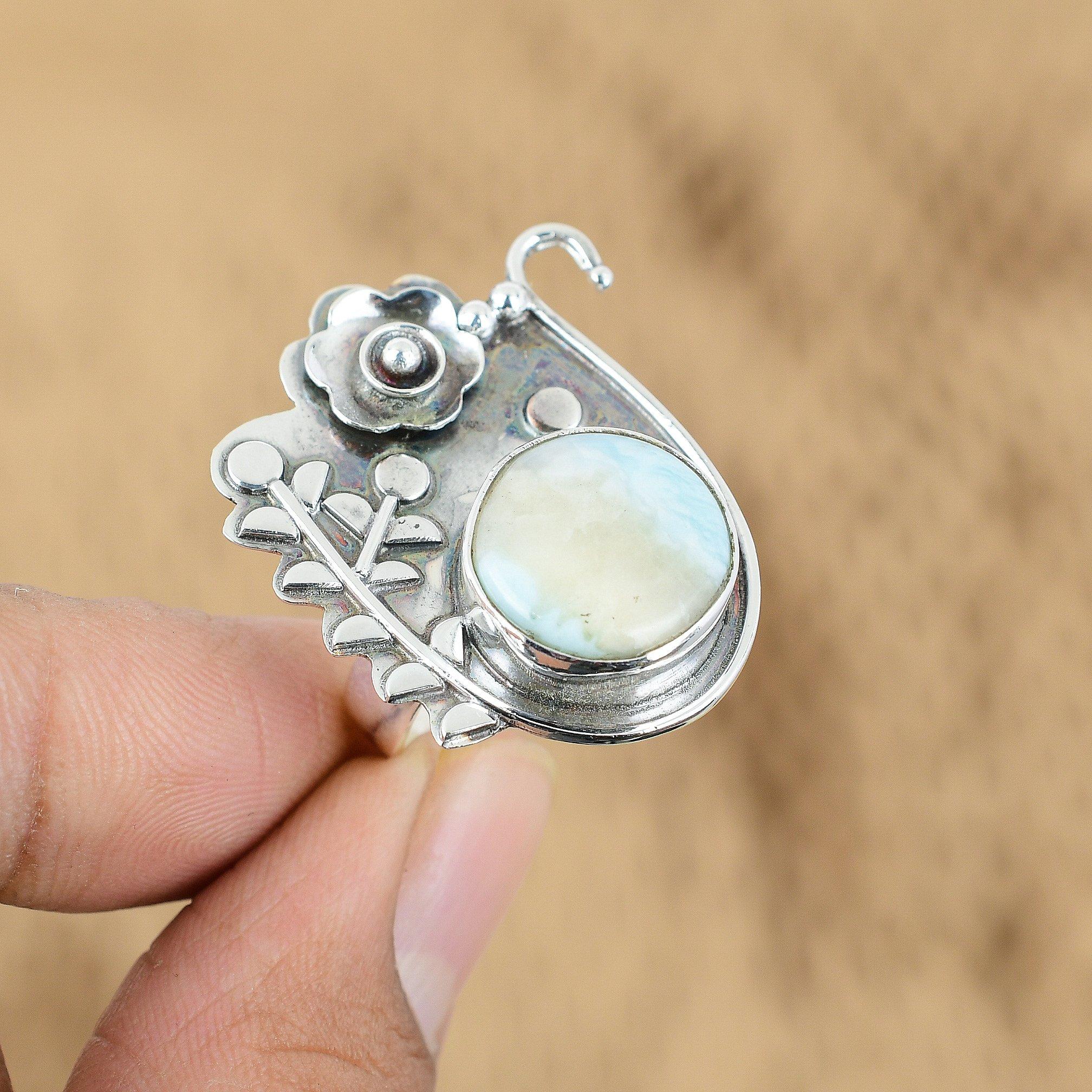 Natural Larimar 925 Sterling Silver Multi Stone Engagement Flower Ring Jewelry