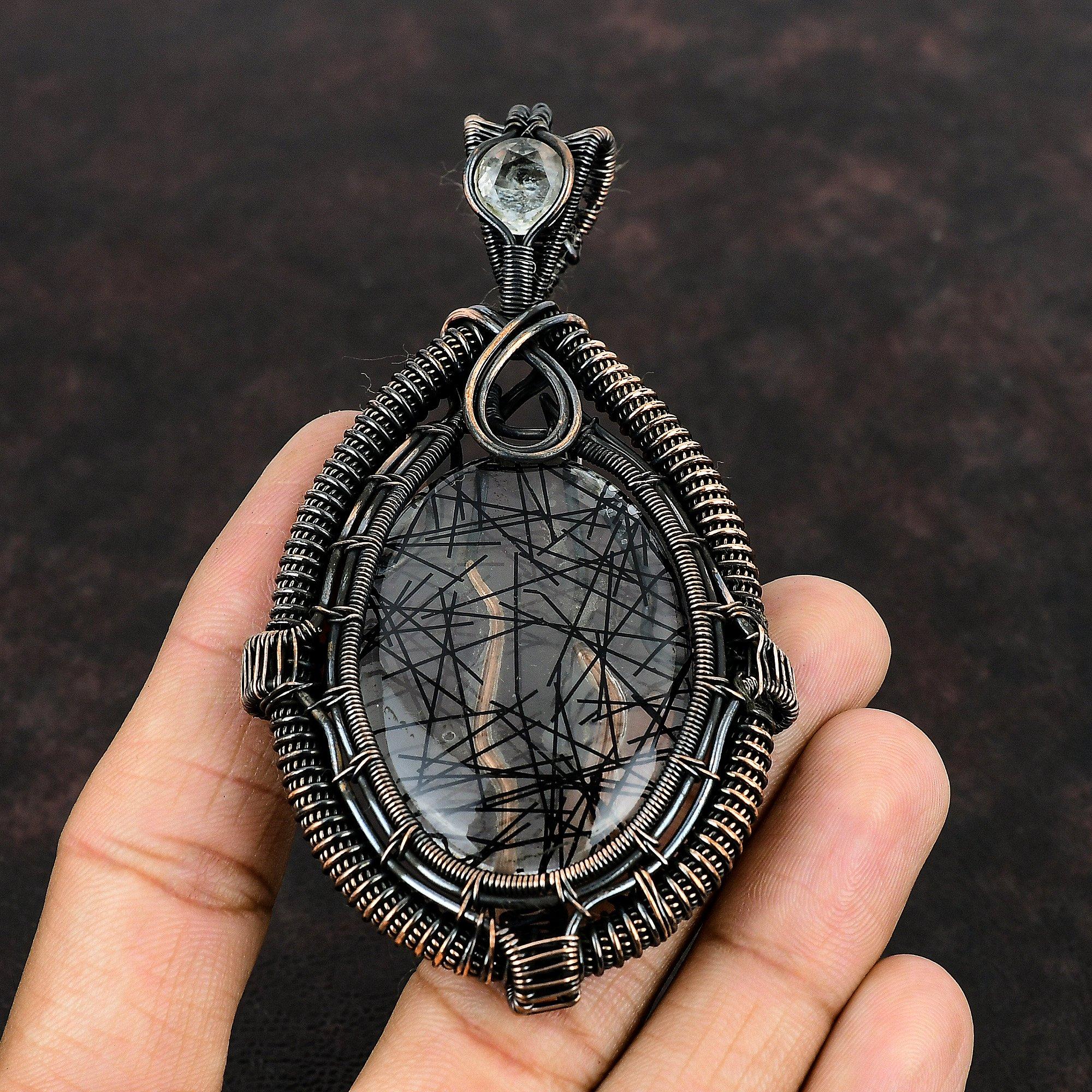Black Rutile Pendant Copper Wire Wrapped Gemstone Pendant Black Rutile Jewelry White Topaz Pendant Handmade Pendant Copper Jewelry For Gift