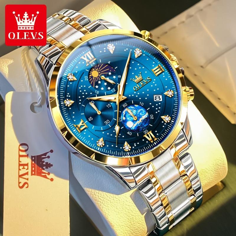 Men's Quartz Multifunctional Chronograph Watch Stainless Steel Waterproof Luminous Diamond Studded Starry Sky Watch