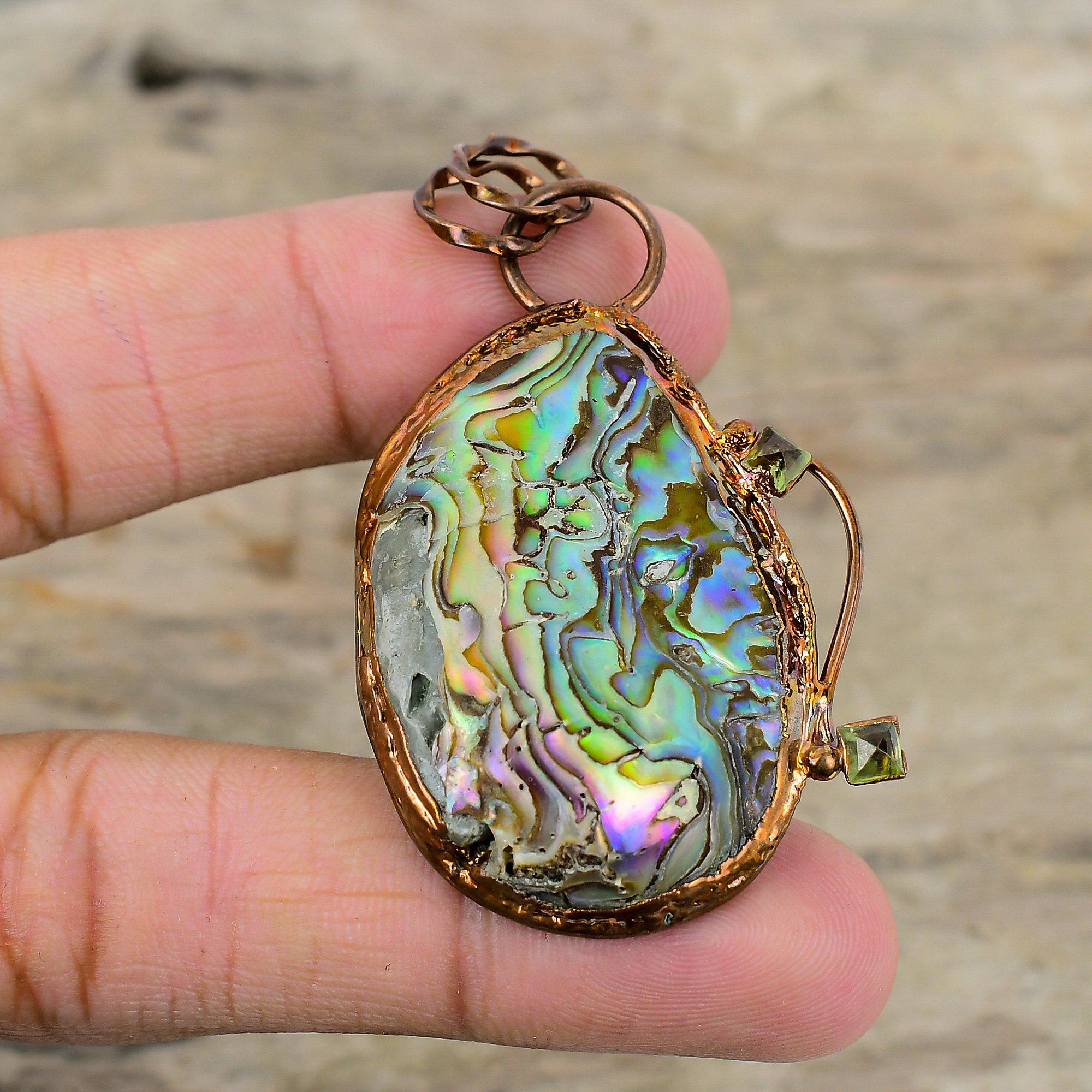 Подвеска из ракушки морского ушка, медный кулон, гальванопластика, ювелирные изделия ручной работы, кулон с драгоценным камнем, перидот, подарок на годовщину, медные ювелирные изделия