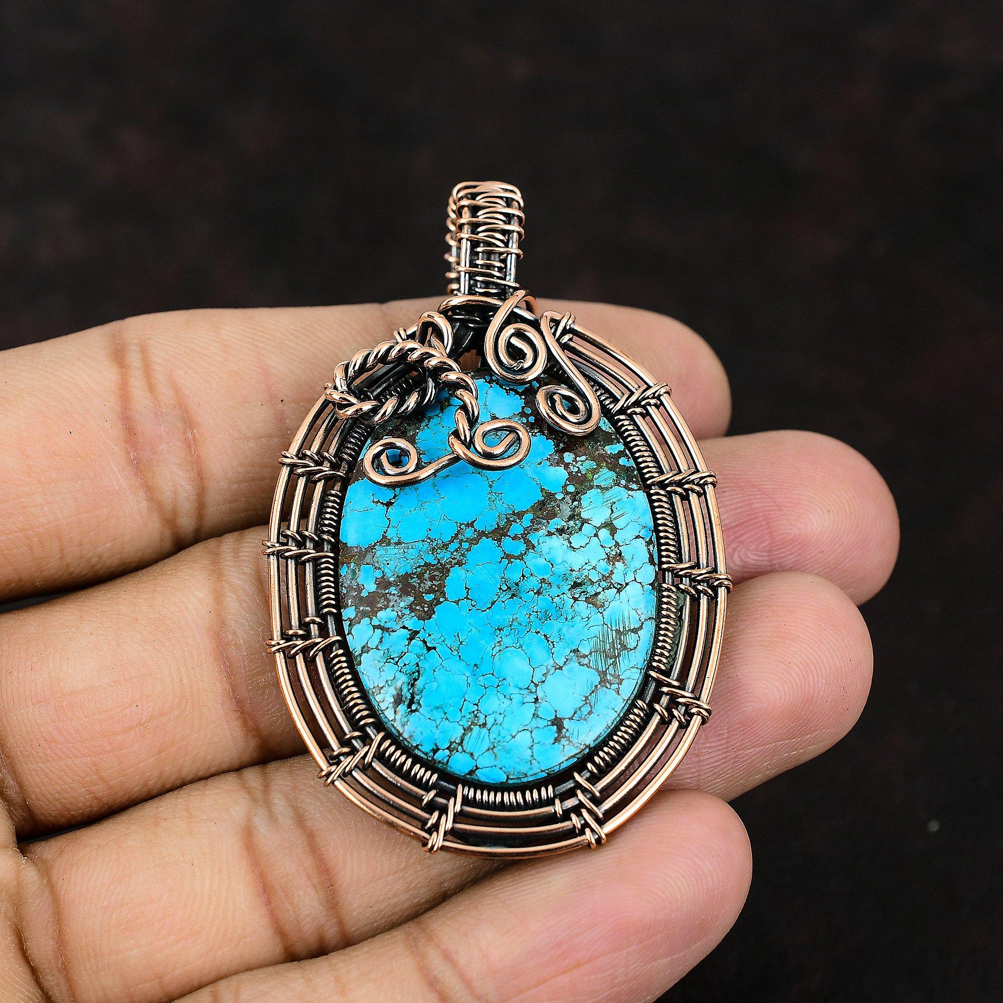 Тибетский бирюзовый медный кулон, медная проволока, кулон, кулон с драгоценным камнем, бирюзовый ювелирный подарок для мамы, ювелирные изделия ручной работы из проволоки