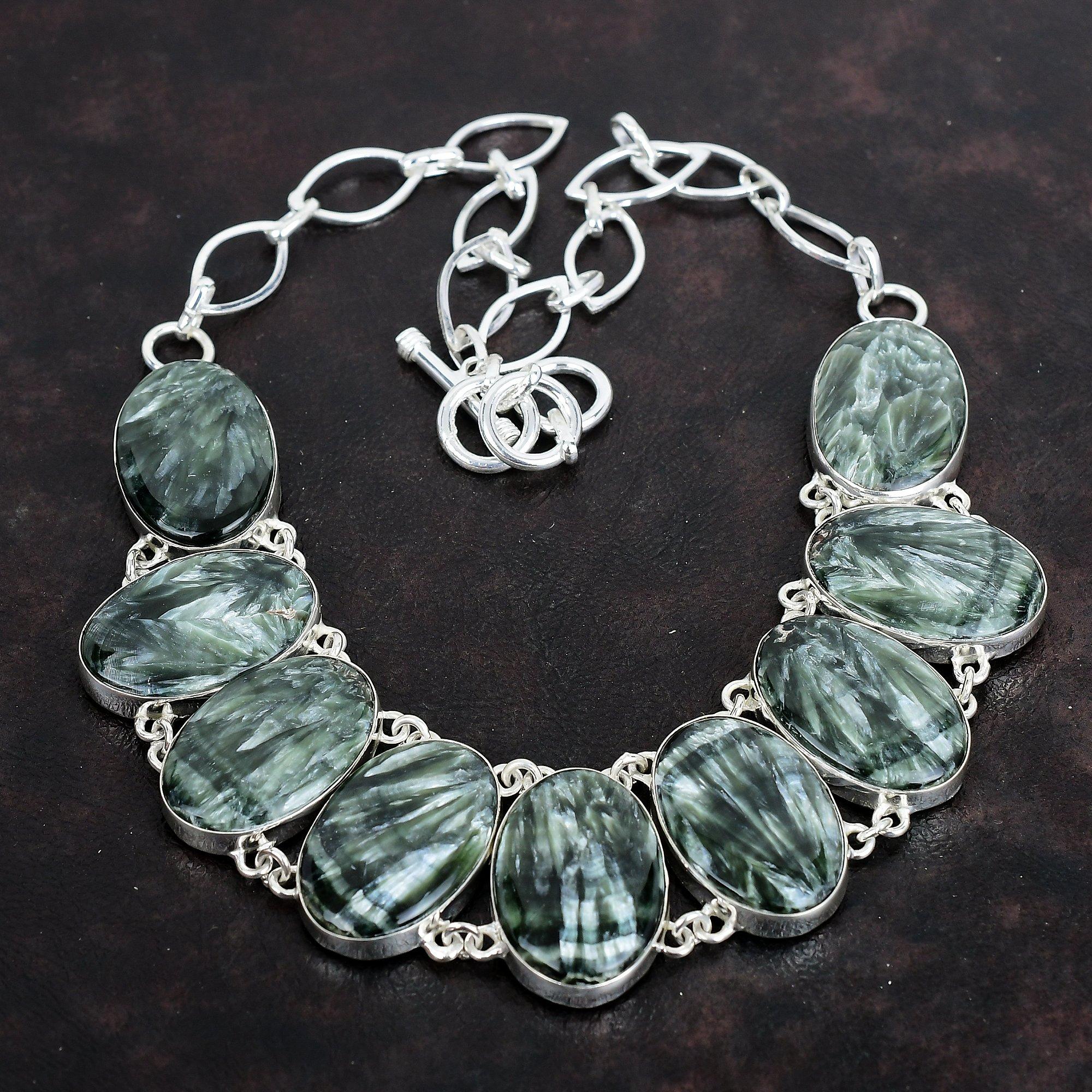 Ожерелье из серафинита, ожерелье из драгоценного камня, ожерелье из стерлингового серебра 925 пробы с регулируемой цепочкой, украшения из серафинита, ожерелье ручной работы, подарки для друга