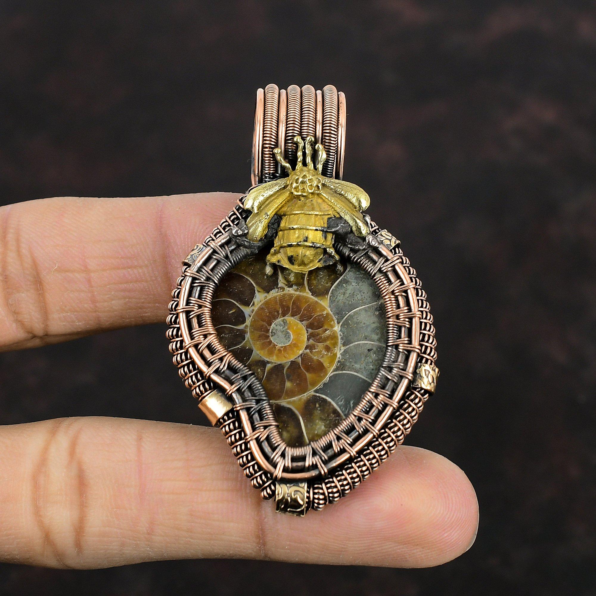 Подвеска из аммонита ископаемого, медная проволока, кулон с драгоценным камнем, медные украшения ручной работы, подвеска в виде медовой пчелы, уникальная проволочная обмотка, ювелирное изделие, подарок для него