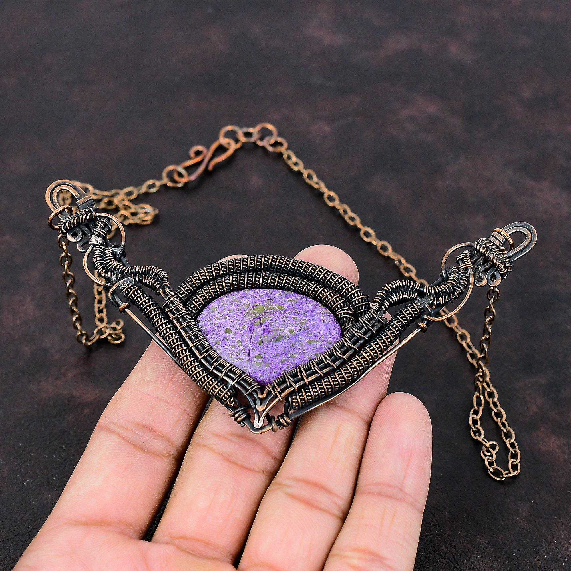 Ожерелье из пурпурита, обернутое медной проволокой, ожерелье ручной работы из натуральных драгоценных камней, регулируемое ожерелье из медной проволоки, подарок для нее