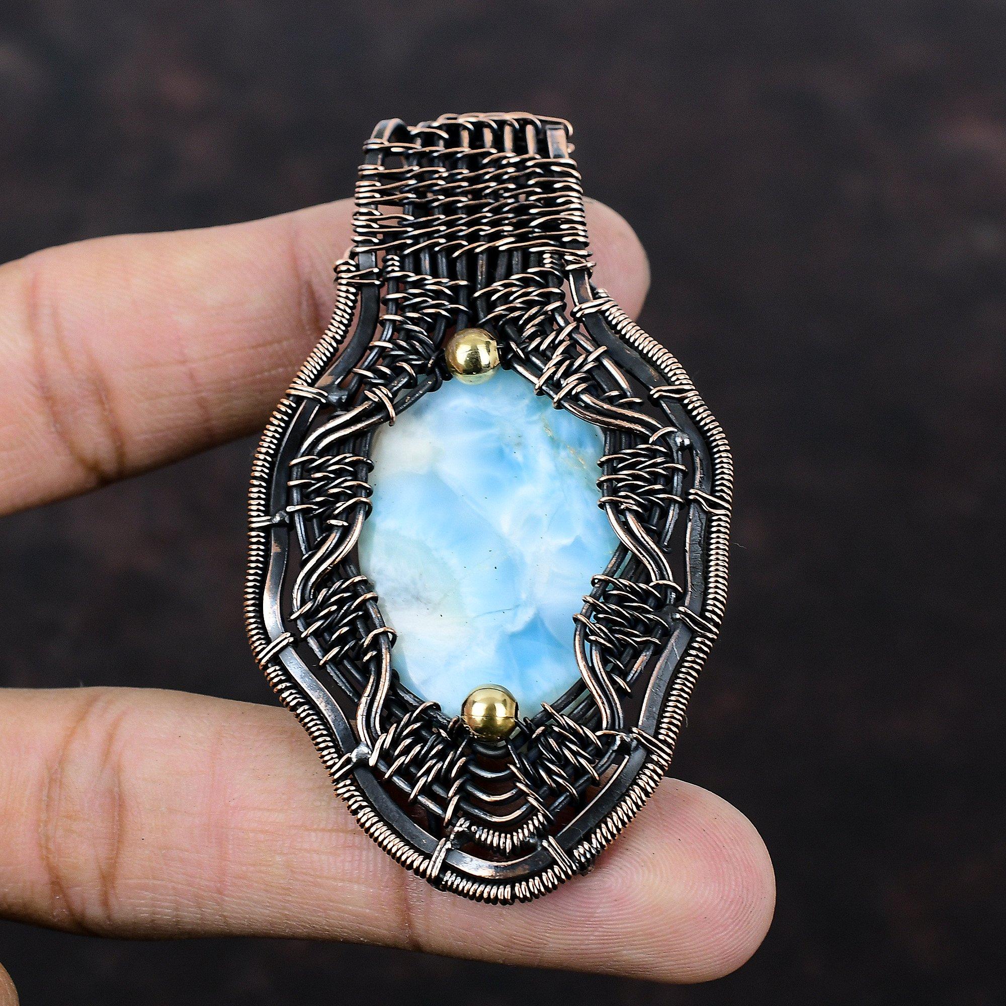 Кулон Ларимар, кулон в медной проволоке, оригинальные ювелирные изделия из драгоценных камней, этнический кулон ручной работы, медные украшения, кулон с камнем, подарок для него