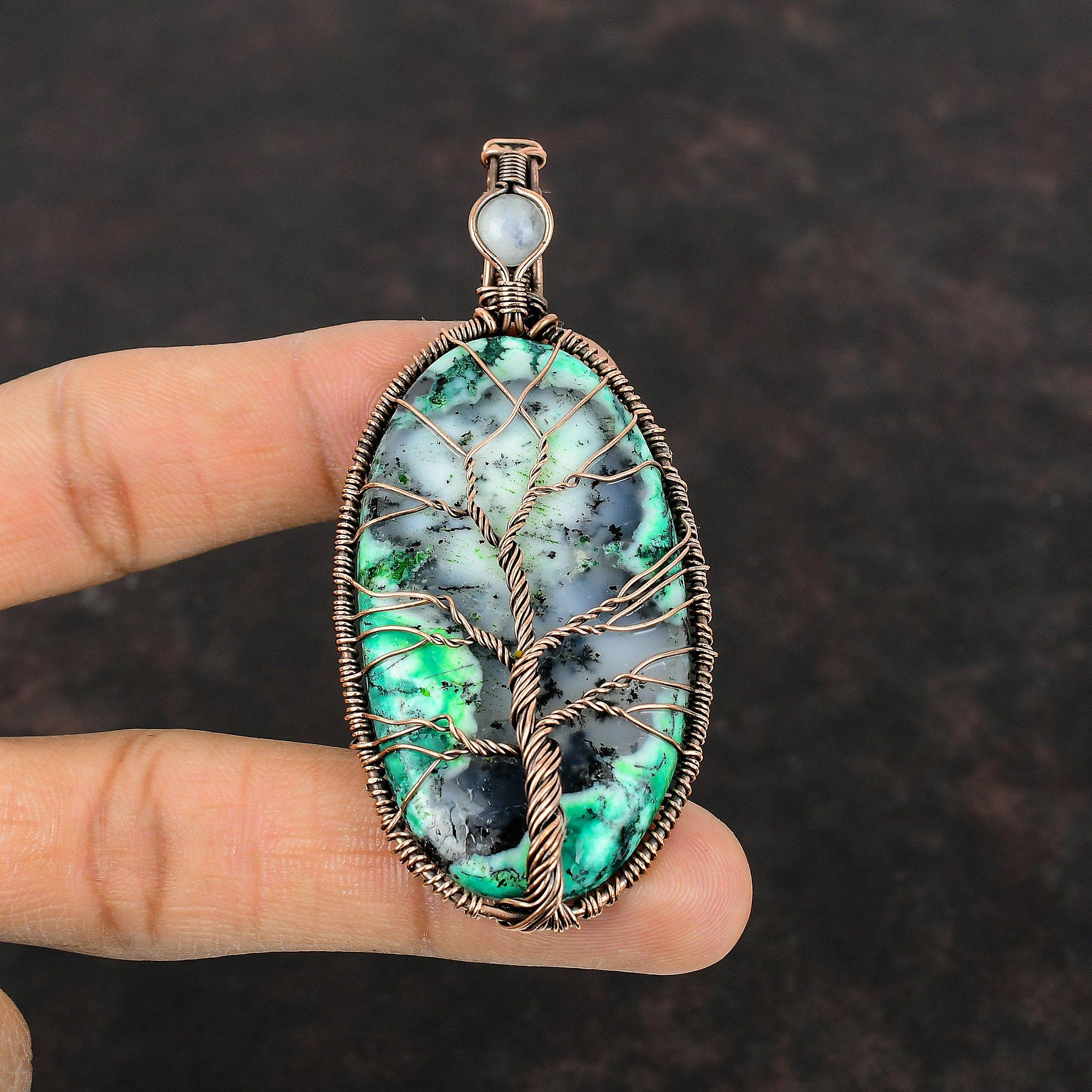 Подвеска из зеленого дендрита и опала «Дерево жизни», подвеска из медной проволоки, ювелирное изделие ручной работы, подвеска из радужного лунного камня, подвеска из настоящего драгоценного камня из меди