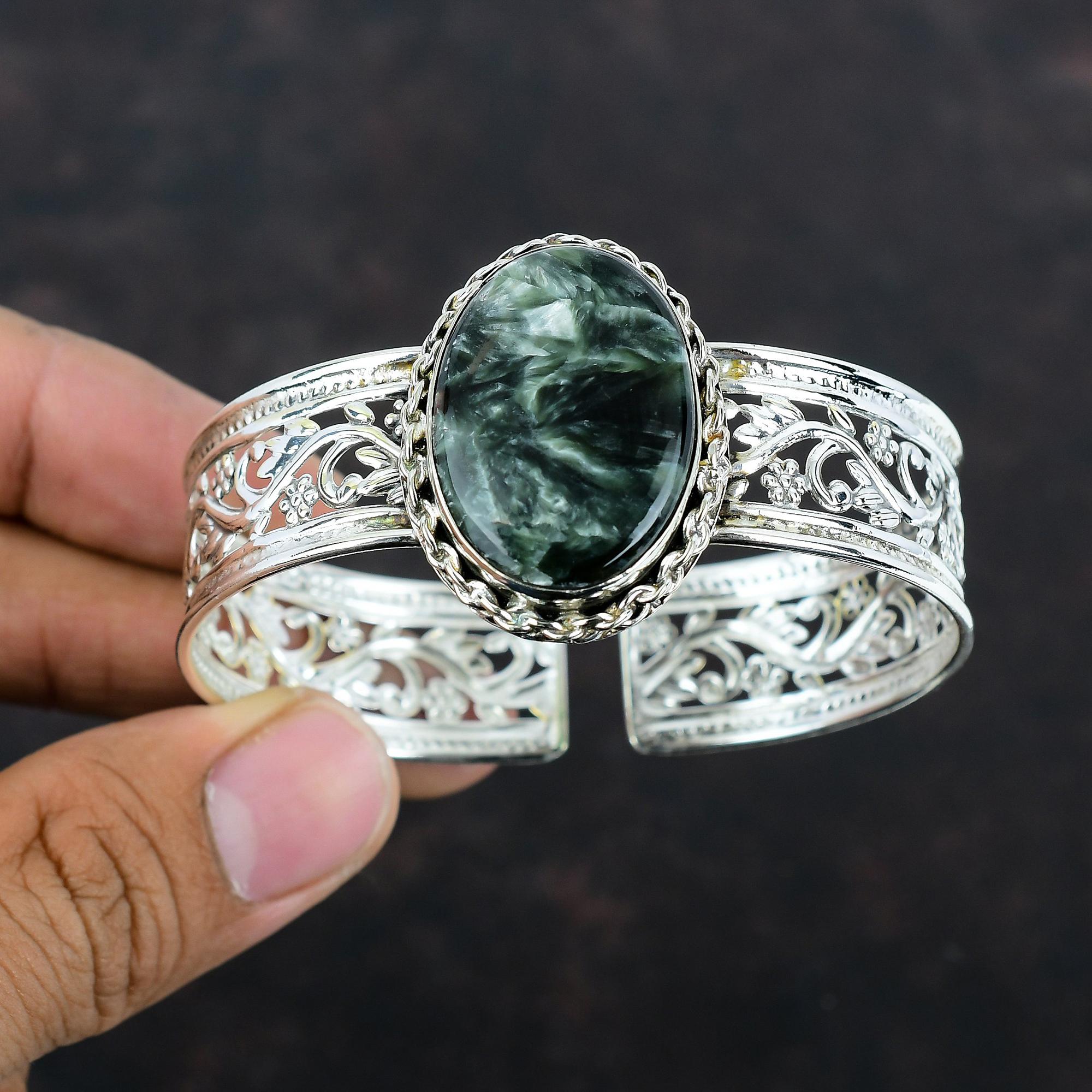 Браслет-манжета с драгоценным камнем серафинит, регулируемый браслет, ювелирные изделия ручной работы, браслет из стерлингового серебра 925 пробы, новейший дизайн, браслет-манжета, подарок на помолвку