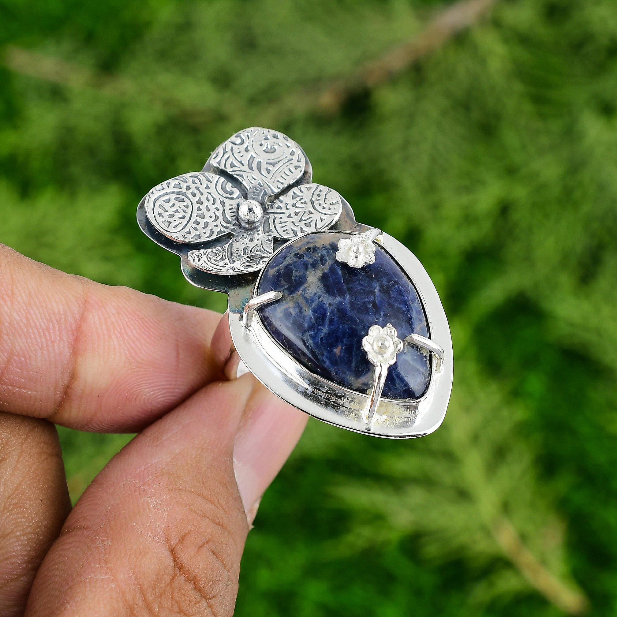 Gift For Her 925 Silver Natural Sodalite Statement Flower Adjustable Ring
