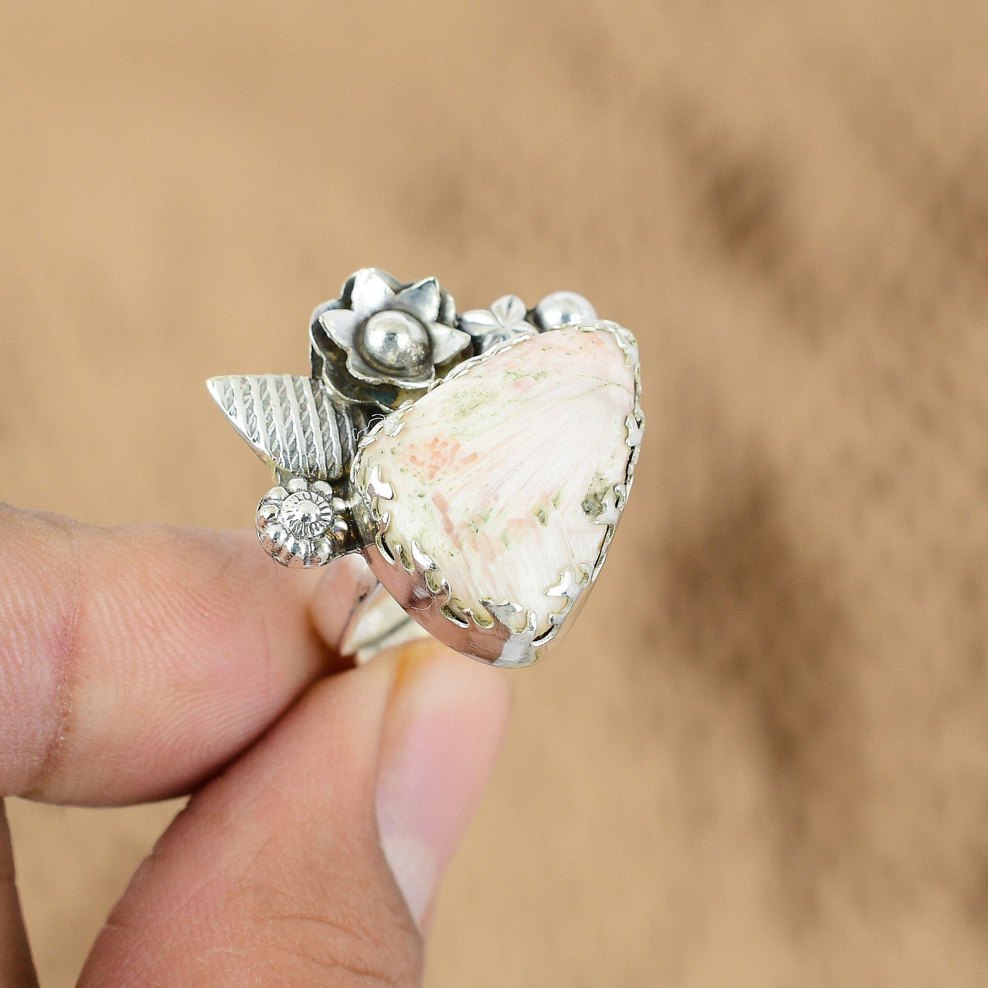 Gift For Her 925 Silver Natural Scolecite Multi Stone Flower Adjustable Ring