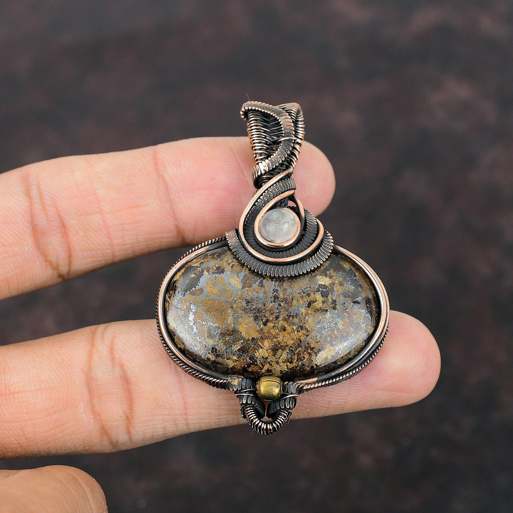 Подвеска из бронзита, обернутая медной проволокой, ручная работа, медные украшения, радужный лунный камень, подвеска для женщин, драгоценный камень, подарок для матери