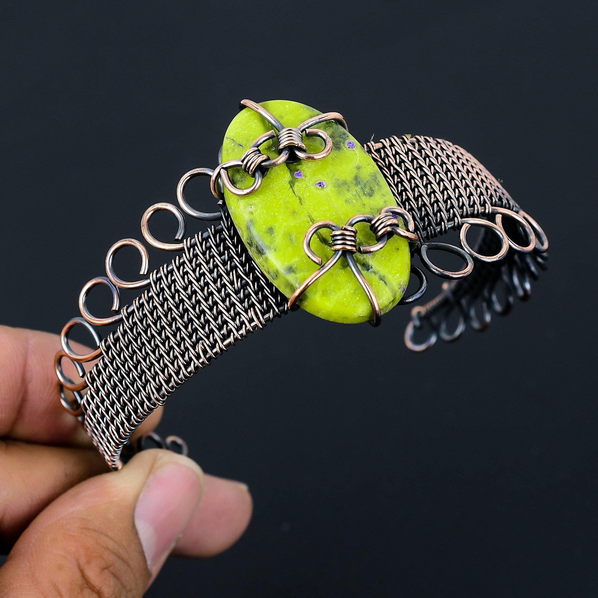 Стихит, драгоценный камень, чистая медная проволока, завернутая в манжеты/браслет ручной работы, ювелирные изделия