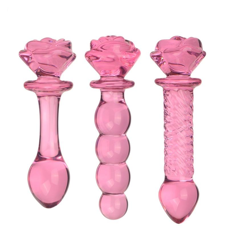 Anal masturbation Glass anal plug pink Four beads pull bead Rose 3.5cm BDSM SM Sex Toys unisex Gay' Anal Expansion Massage Thread