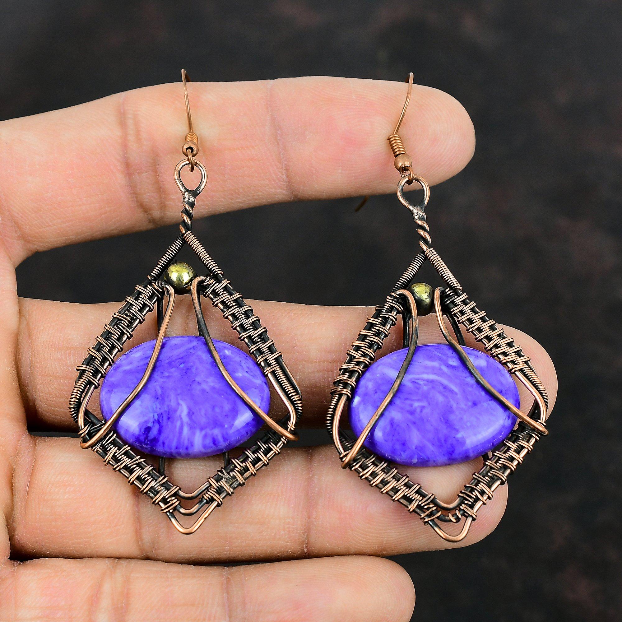 Серьги из чароита, медная проволочная обертка, медные украшения с драгоценными камнями, серьги ручной работы, проволочная обертка, висячие серьги, антикварные ювелирные изделия, подарок для жены