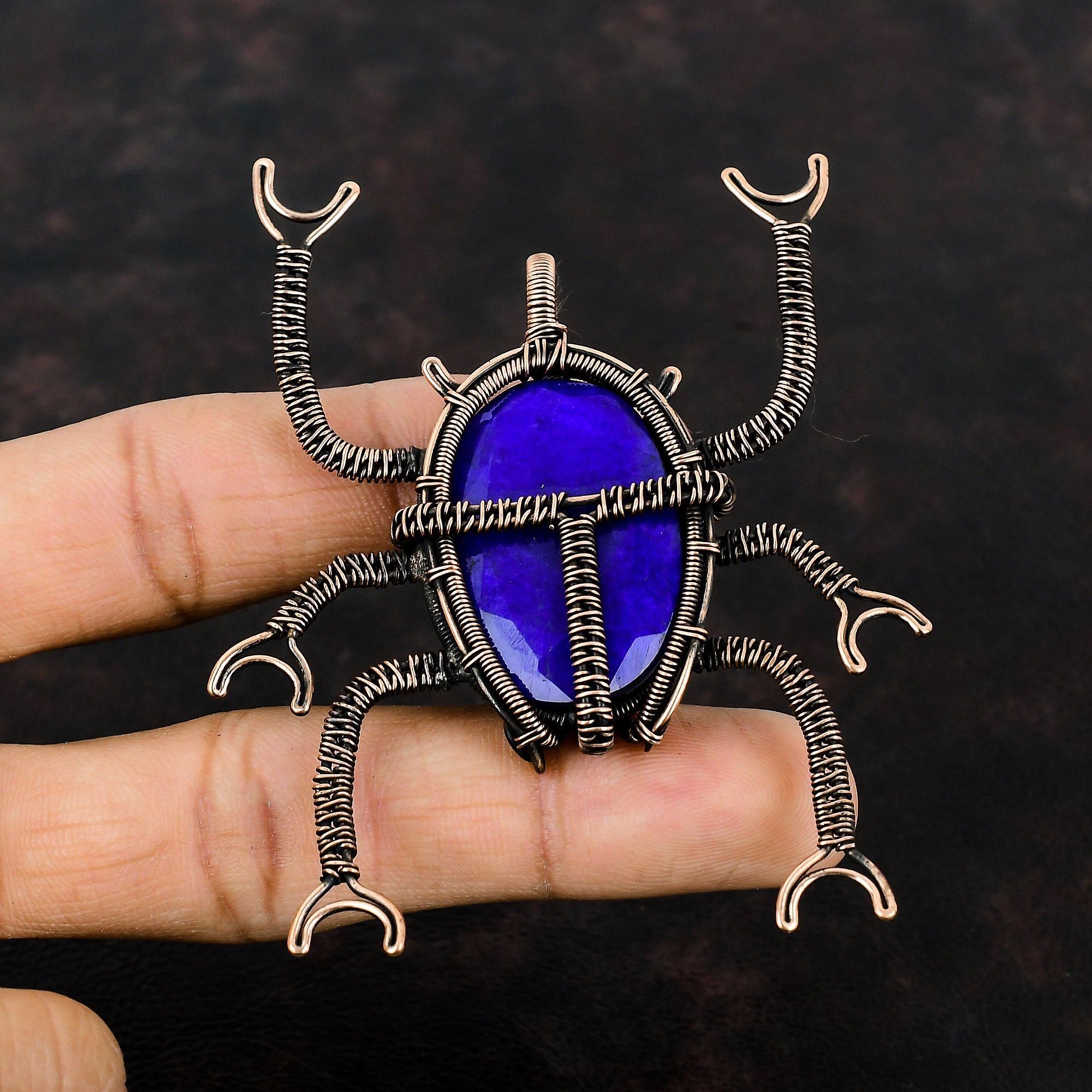 Faceted Blue Sapphire Pendant Copper Wire Wrapped Gemstone Pendant Copper Jewelry Handmade Pendant Wire Wrap Jewelry For Gift Beetle Pendant