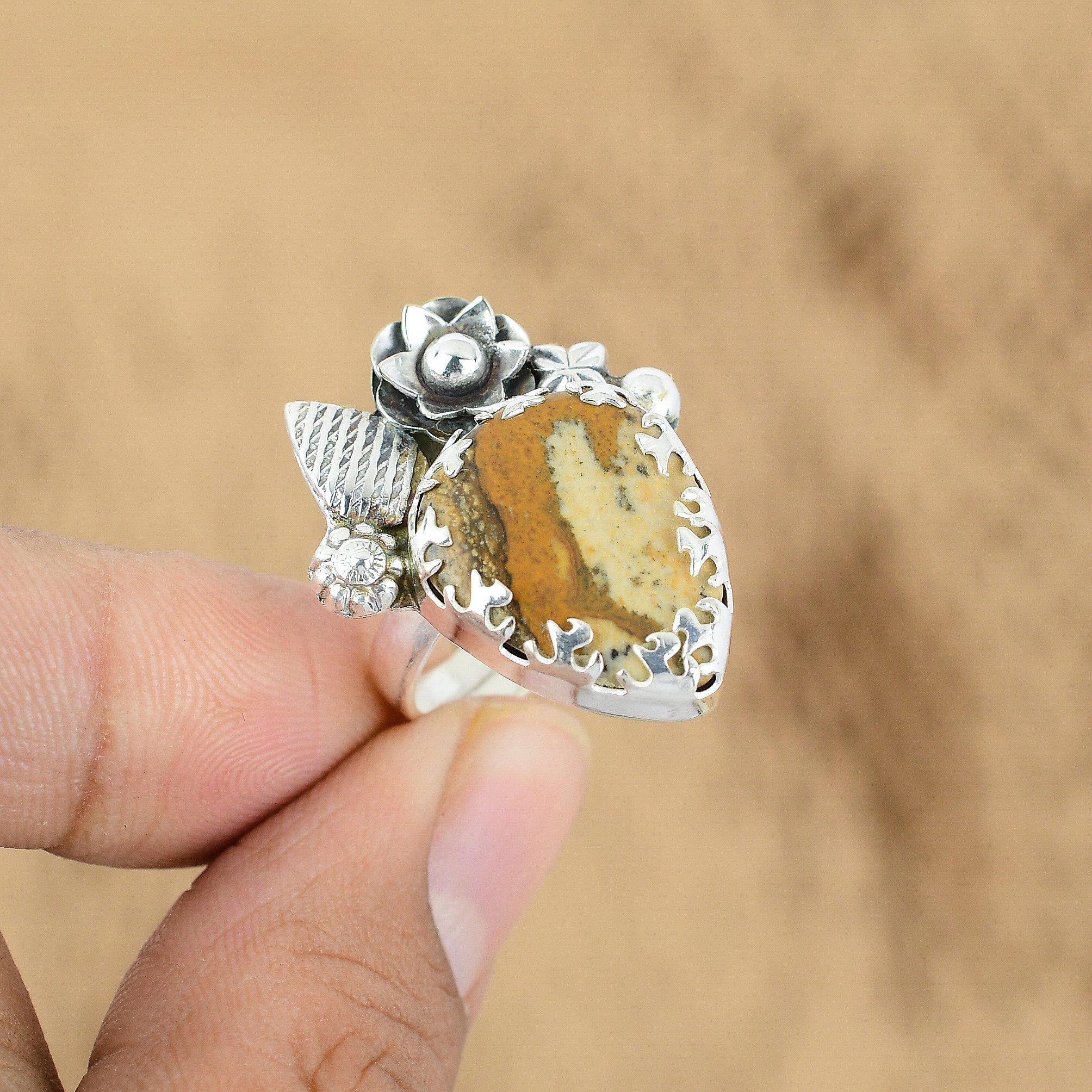 Mothers day Deal 925 Silver Natural Picture Jasper Promise Flower Statement Ring